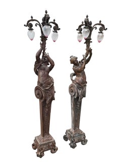 Very Large Pair of Bronze Torchère Figurative Lamps, circa 1920s