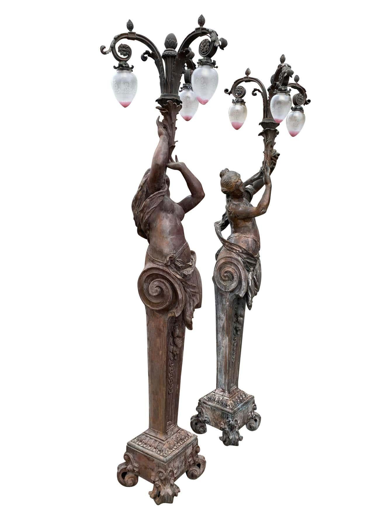 European Very Large Pair of Bronze Torchère Figurative Lamps, circa 1920s For Sale