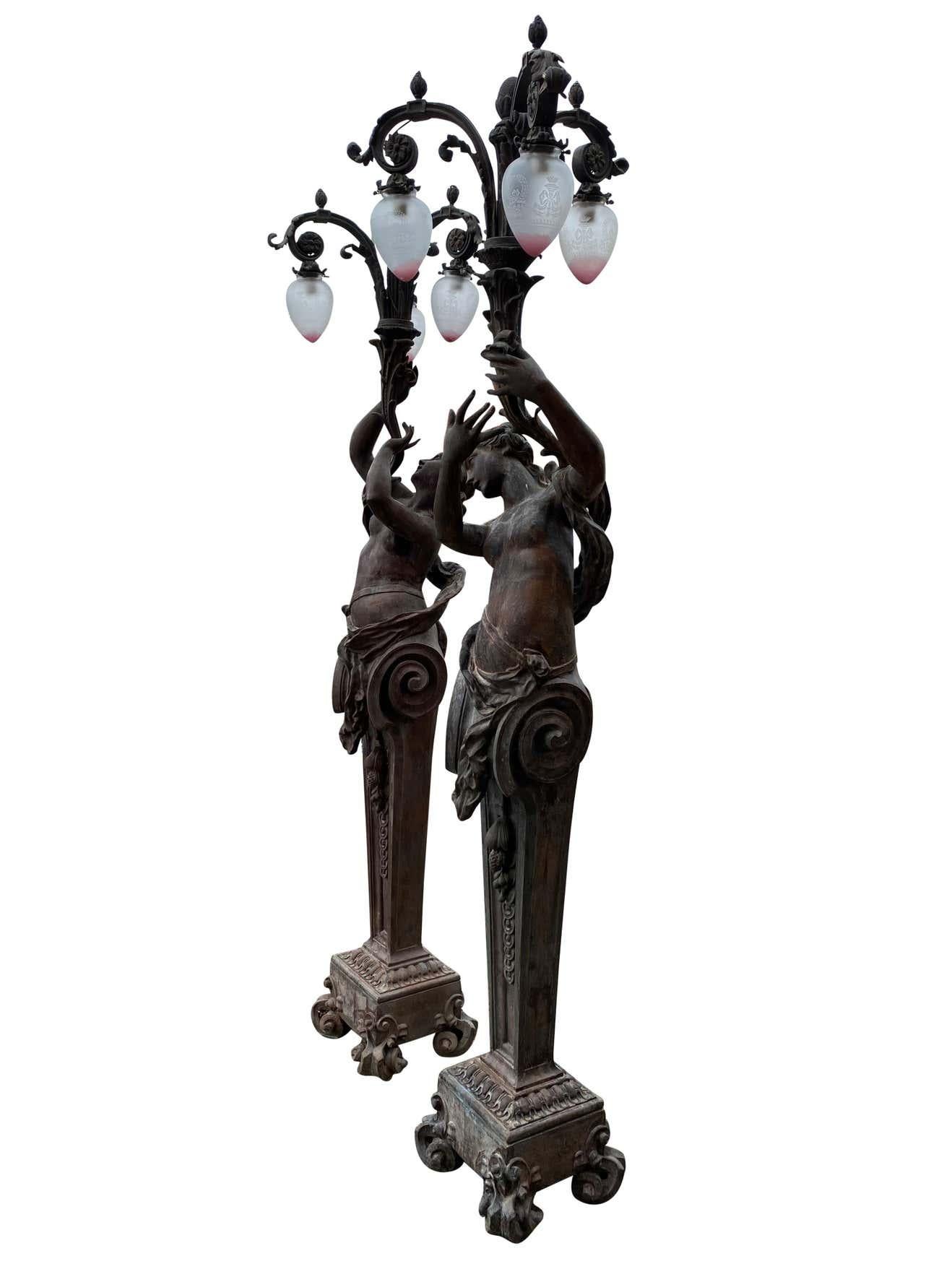 Very Large Pair of Bronze Torchère Figurative Lamps, circa 1920s In Good Condition For Sale In Southall, GB