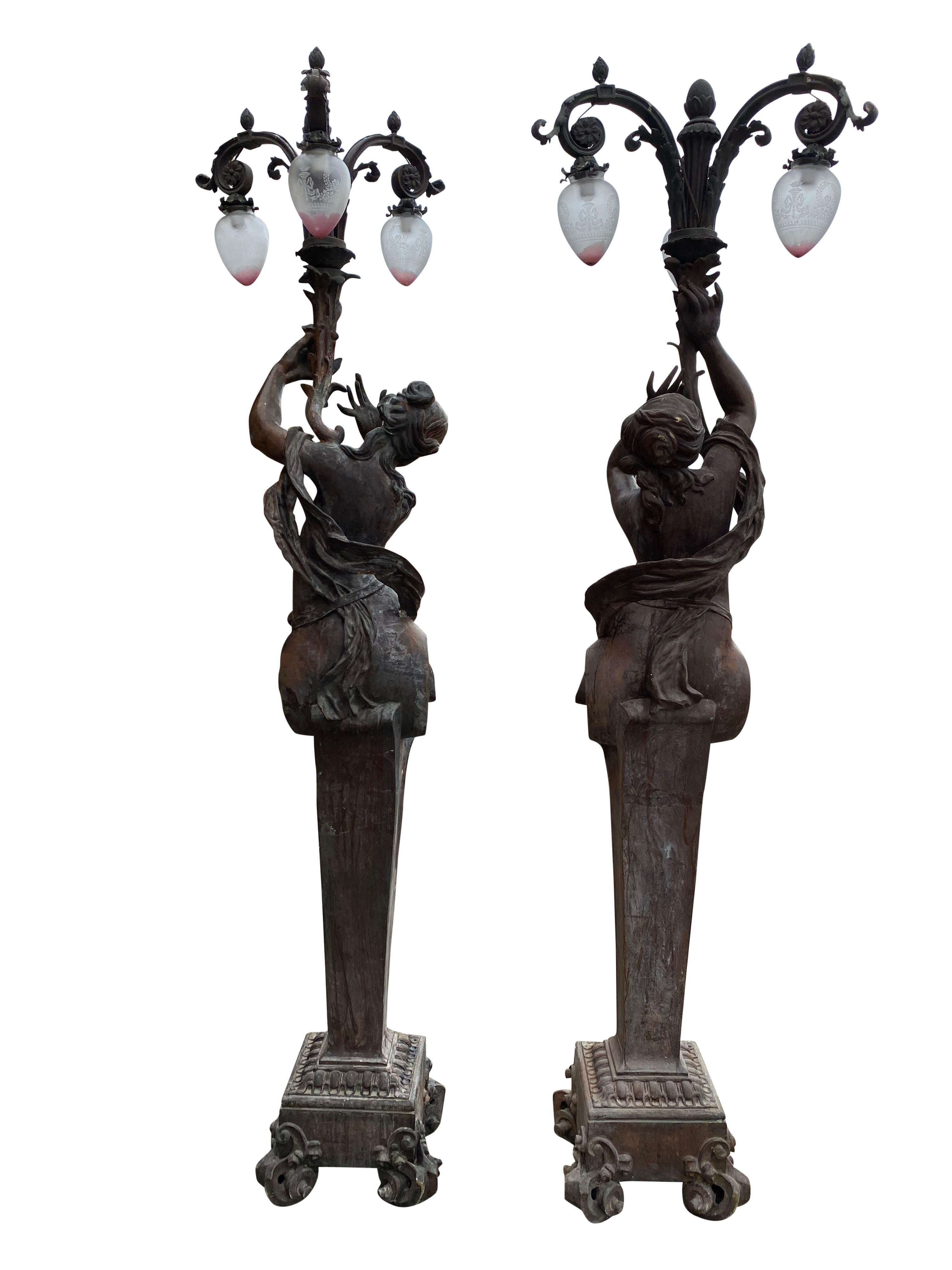 20th Century Very Large Pair of Bronze Torchère Figurative Lamps, circa 1920s For Sale