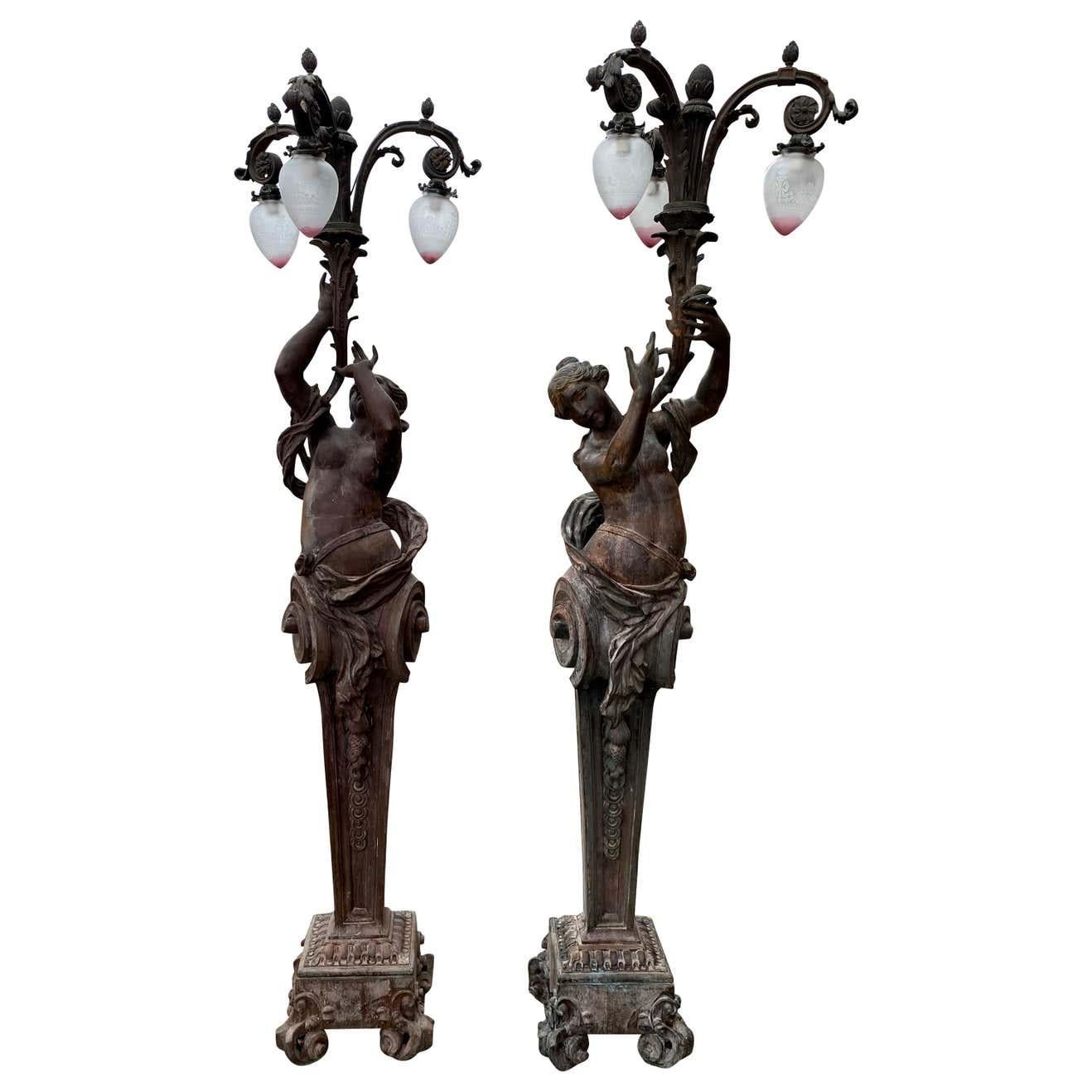 Very Large Pair of Bronze Torchère Figurative Lamps, circa 1920s