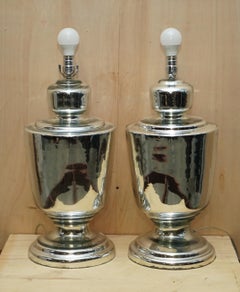 Very Large Pair of Fully Restored Vintage Foxed Mirrored Glass Urn Tables Lamps
