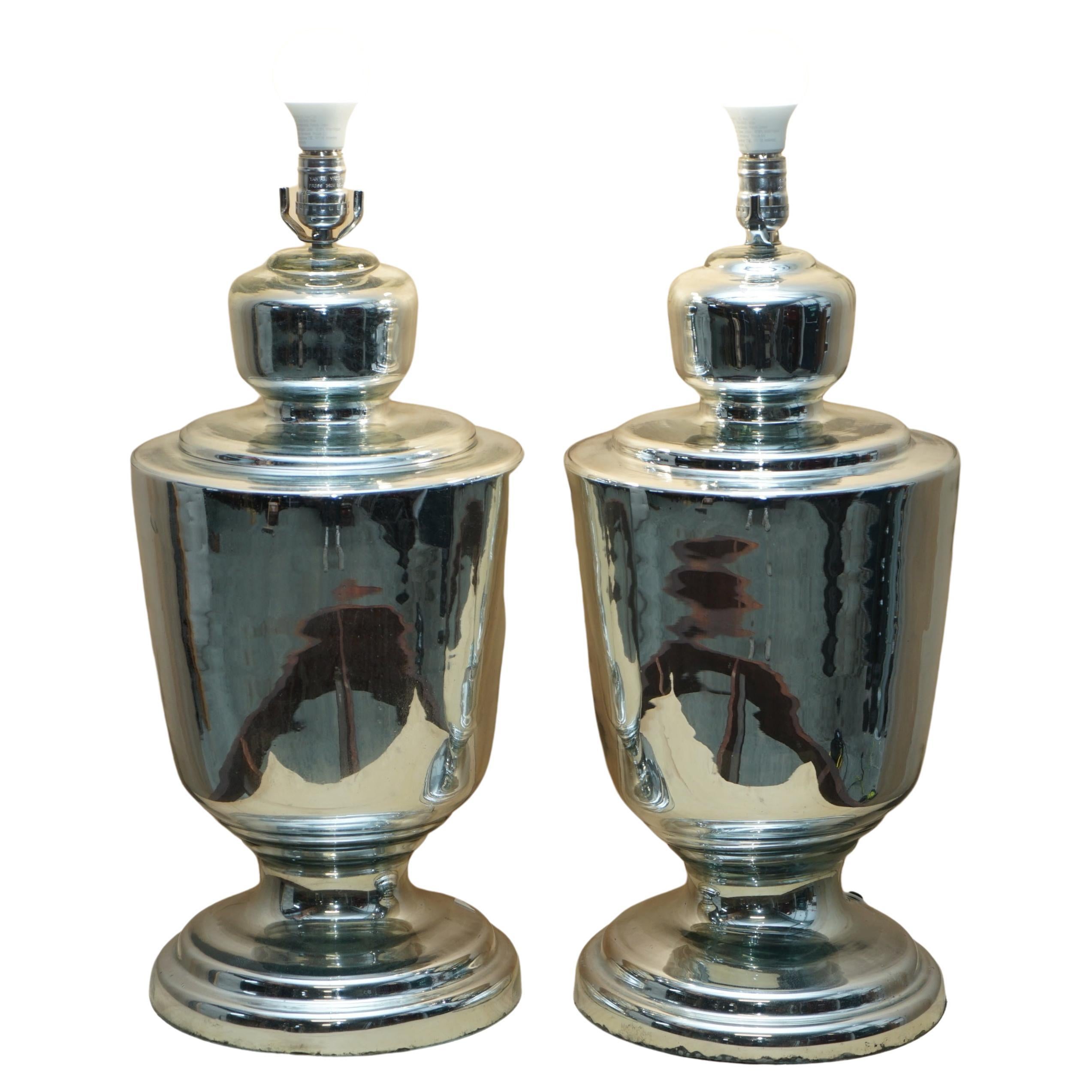 Very Large Pair of Fully Restored Vintage Foxed Mirrored Glass Urn Tables Lamps For Sale