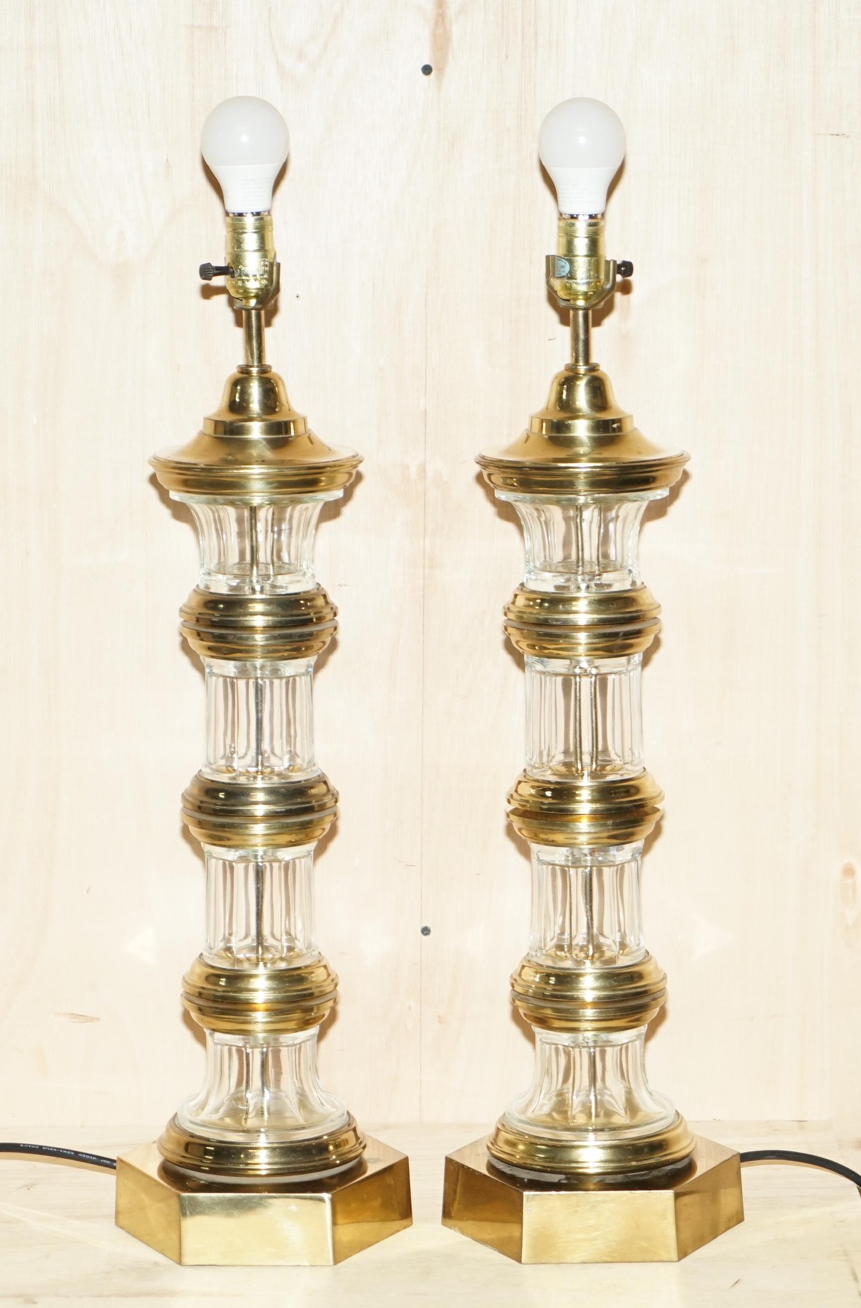 We are delighted to offer for sale this stunning pair of vintage glass and brass large Lighthouse table lamps

These lamps came from a very fine antiques dealer in Belgium, he has a client that purchases antique Italian lighting to import to the