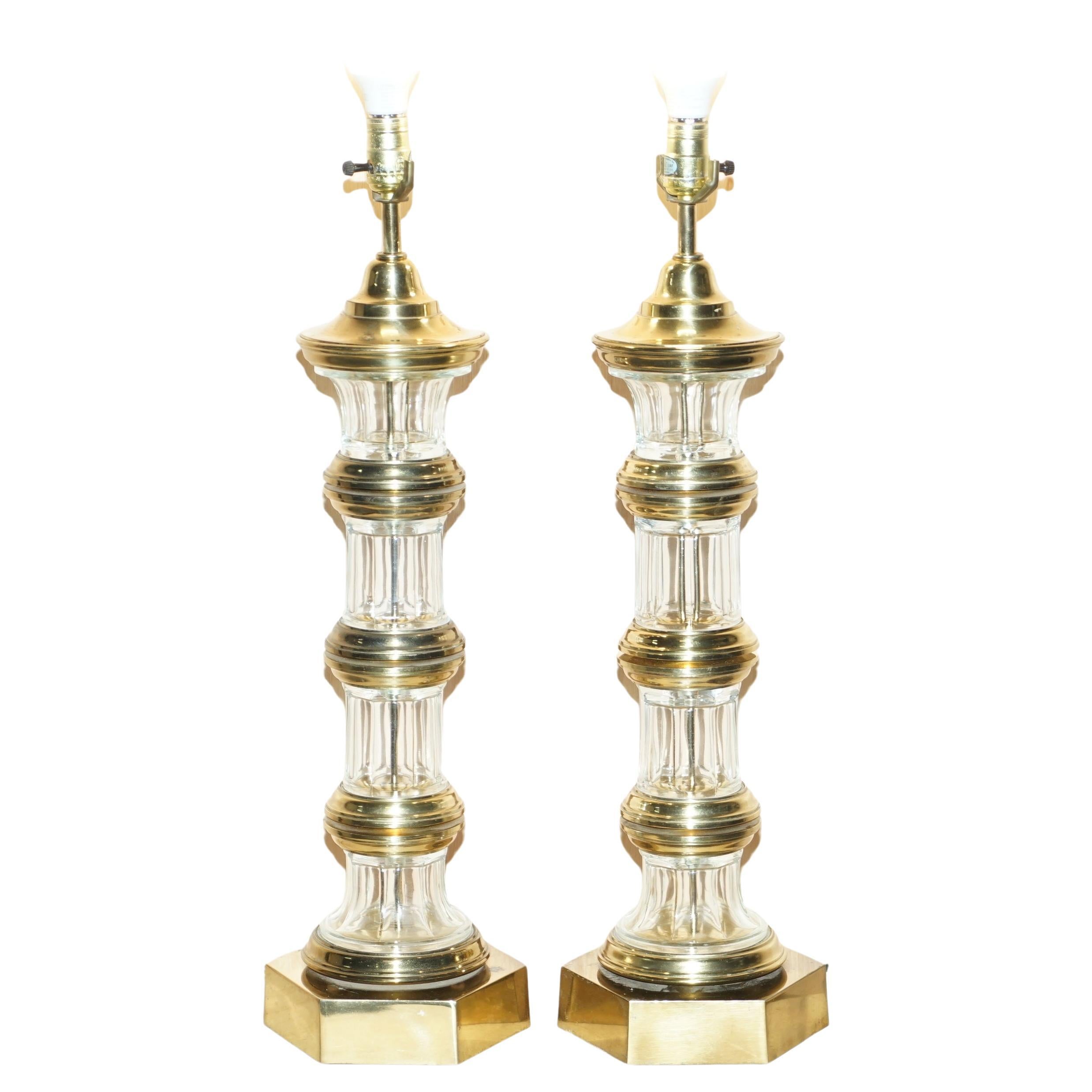 Very Large Pair of Fully Restored Vintage Glass Lighthouse Brass Tables Lamps For Sale