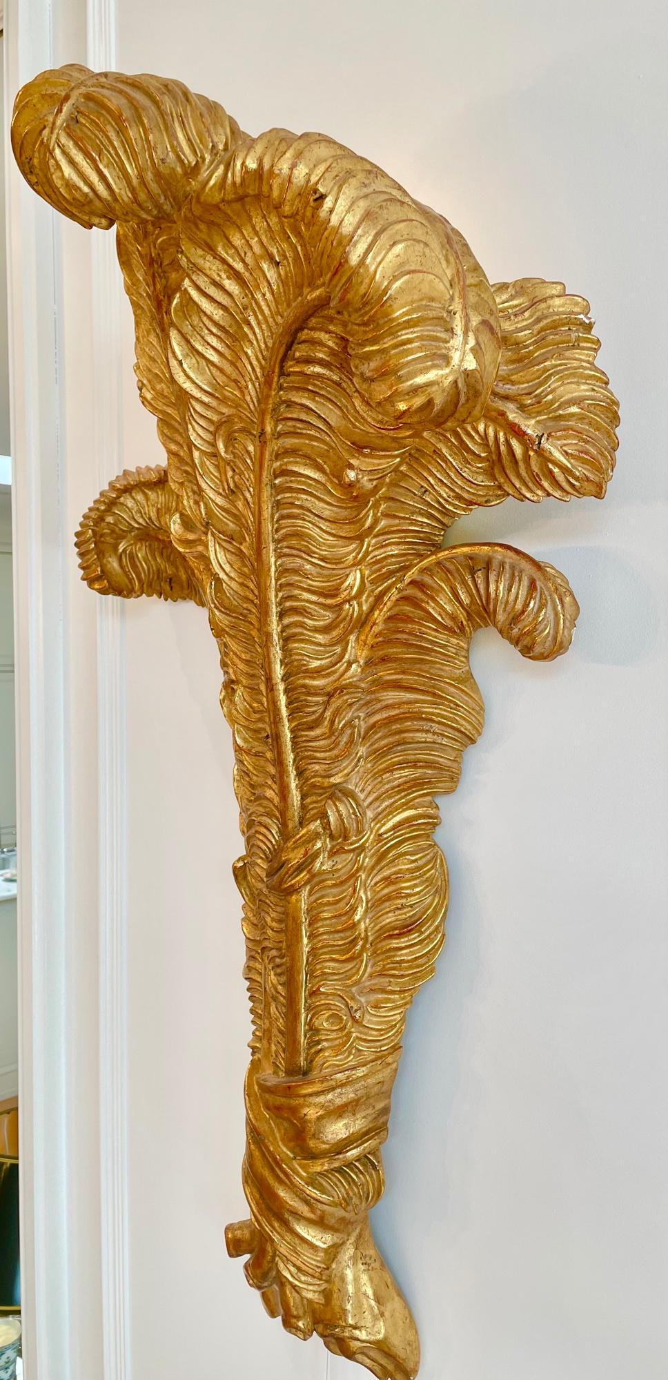 Very Large Pair of Maison Jansen Giltwood Feather Sconces For Sale 4