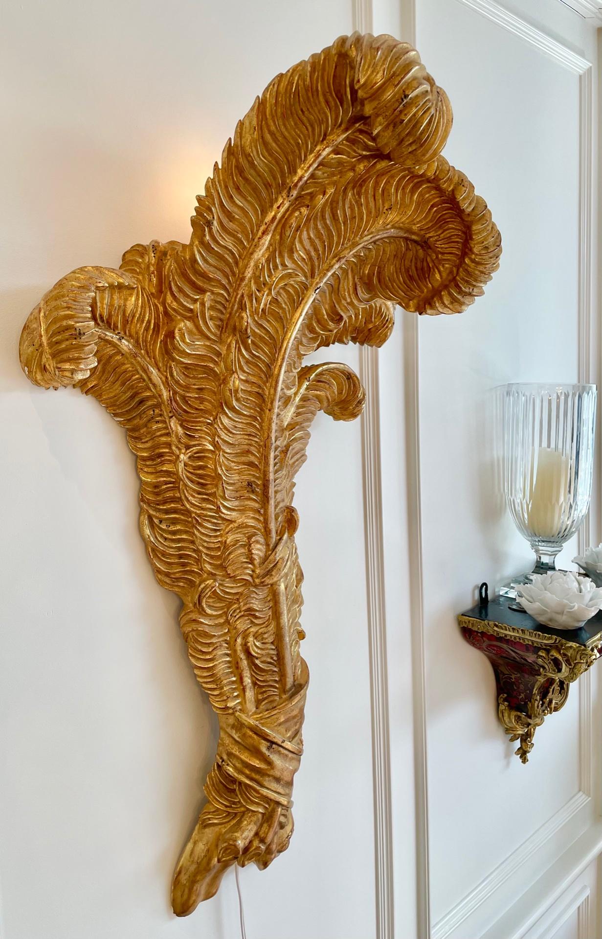 Very Large Pair of Maison Jansen Giltwood Feather Sconces For Sale 10