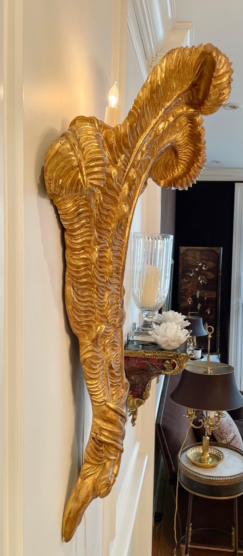 Very Large Pair of Maison Jansen Giltwood Feather Sconces For Sale 11