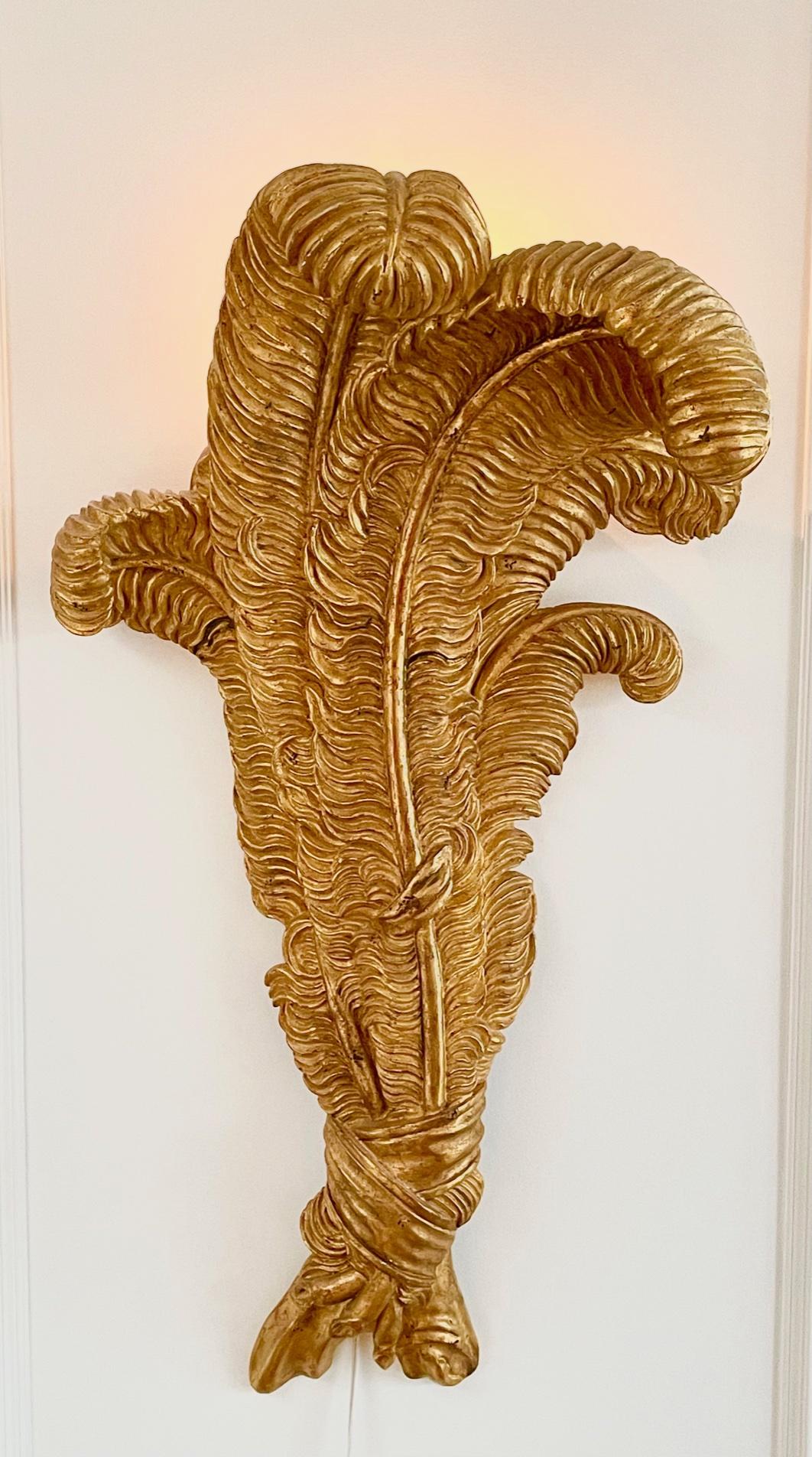 Very large pair of Maison Jansen Feather Sconces,
Large, rare and exceptionnal pair of Maison Jansen Feather Sconces, inspired by the Prince of Wales Feathers. 
Stéphane Boudin of Maison Jansen worked with the Duke of Windsor, former Prince of