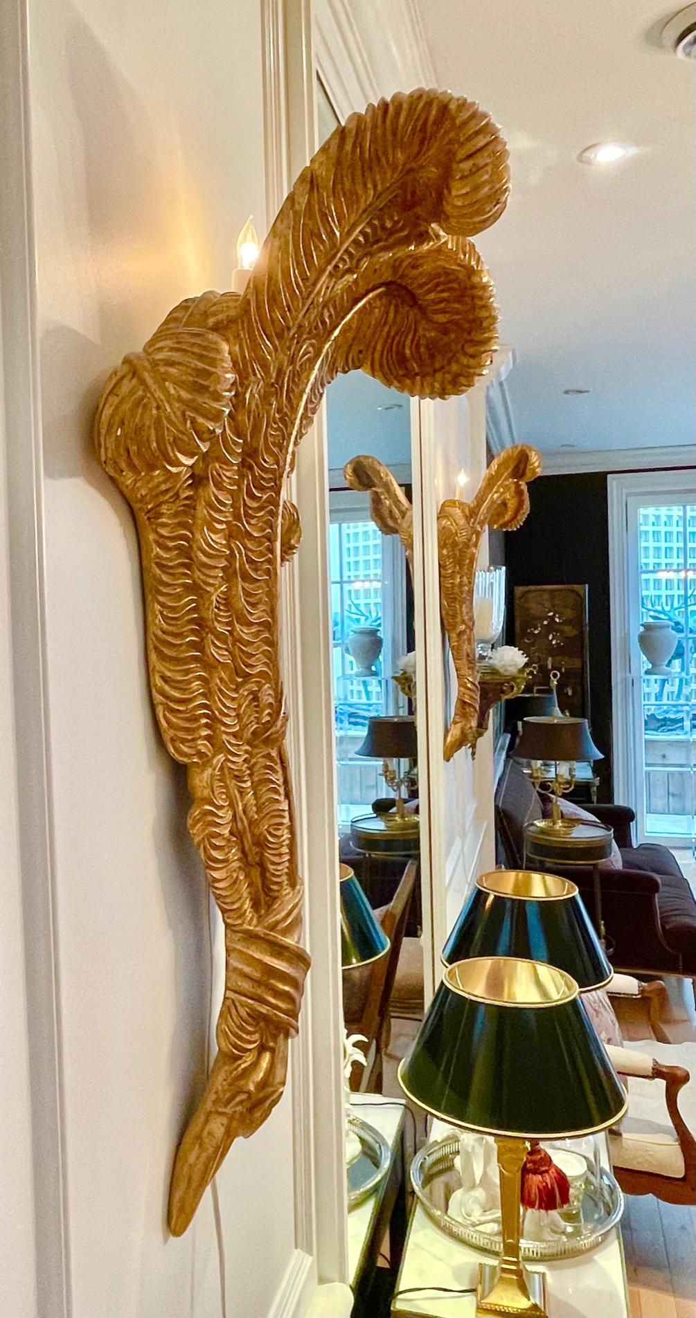 French Very Large Pair of Maison Jansen Giltwood Feather Sconces For Sale