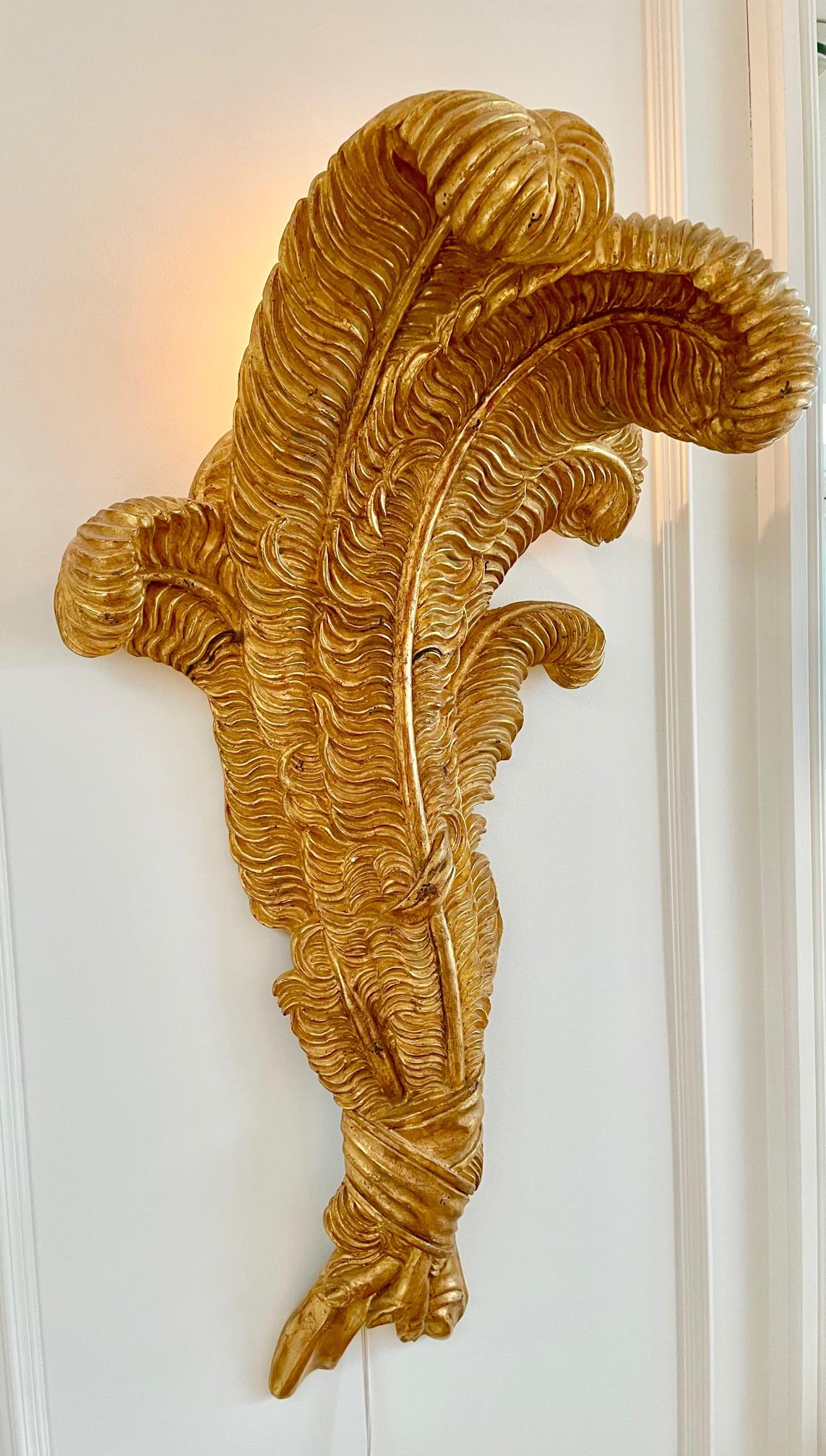 Very Large Pair of Maison Jansen Giltwood Feather Sconces In Excellent Condition For Sale In Montreal, Quebec