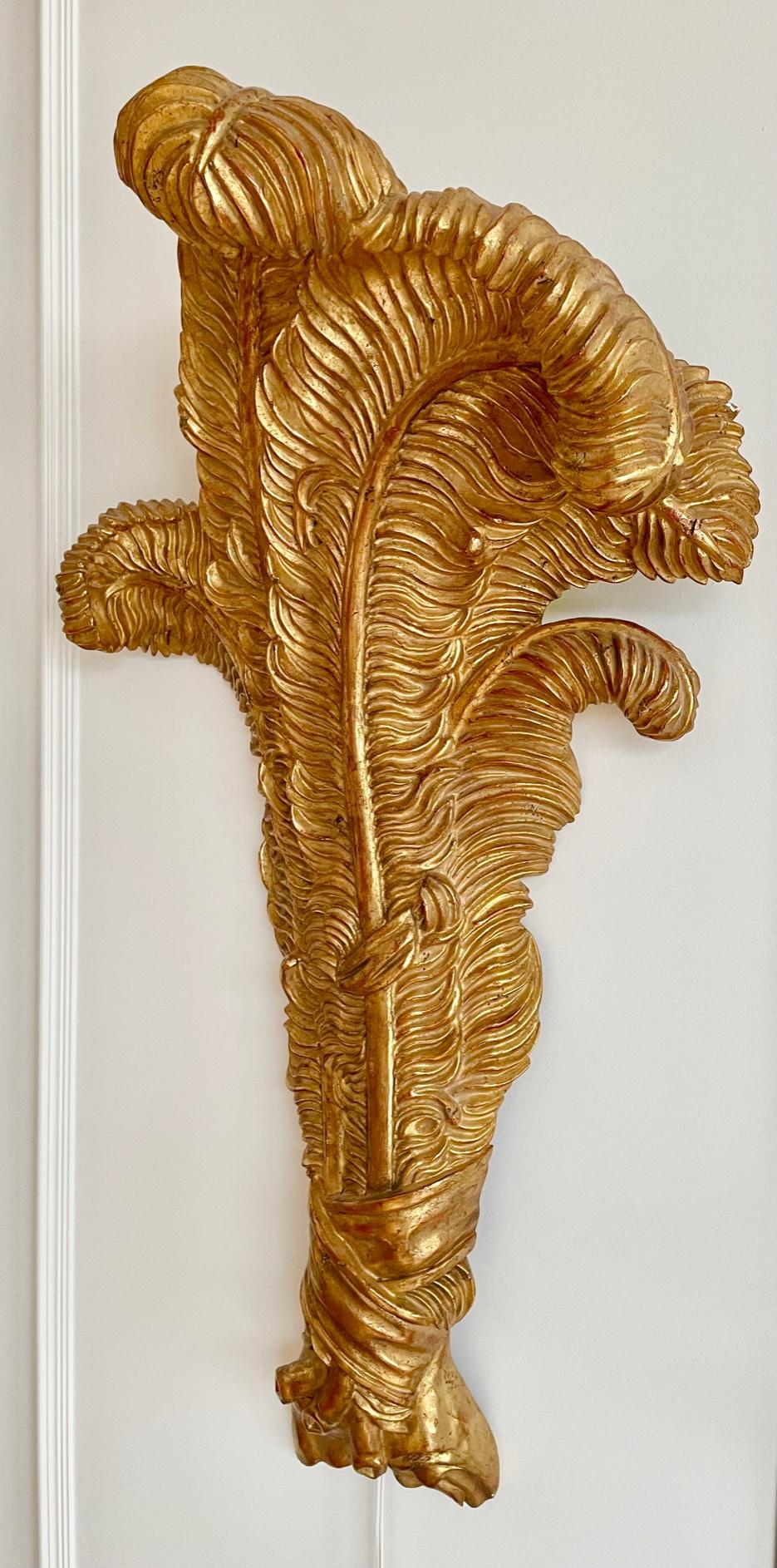 20th Century Very Large Pair of Maison Jansen Giltwood Feather Sconces For Sale