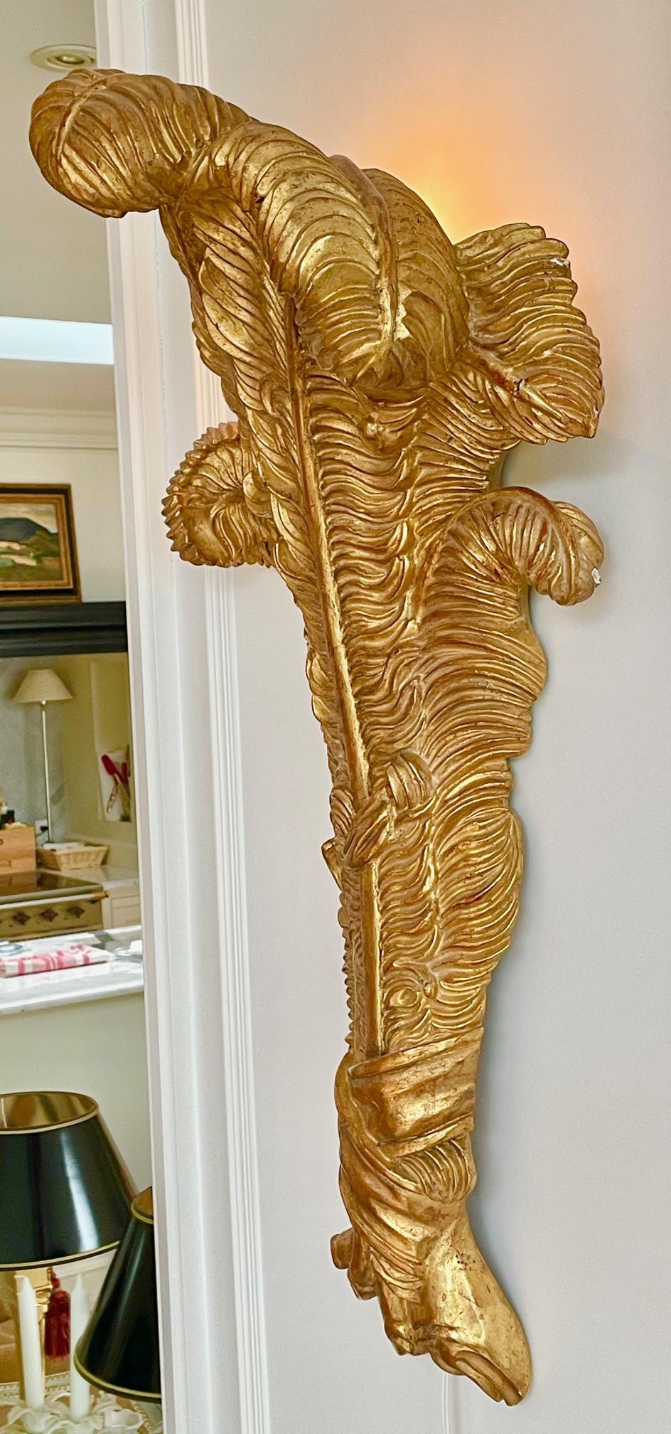 Very Large Pair of Maison Jansen Giltwood Feather Sconces For Sale 1