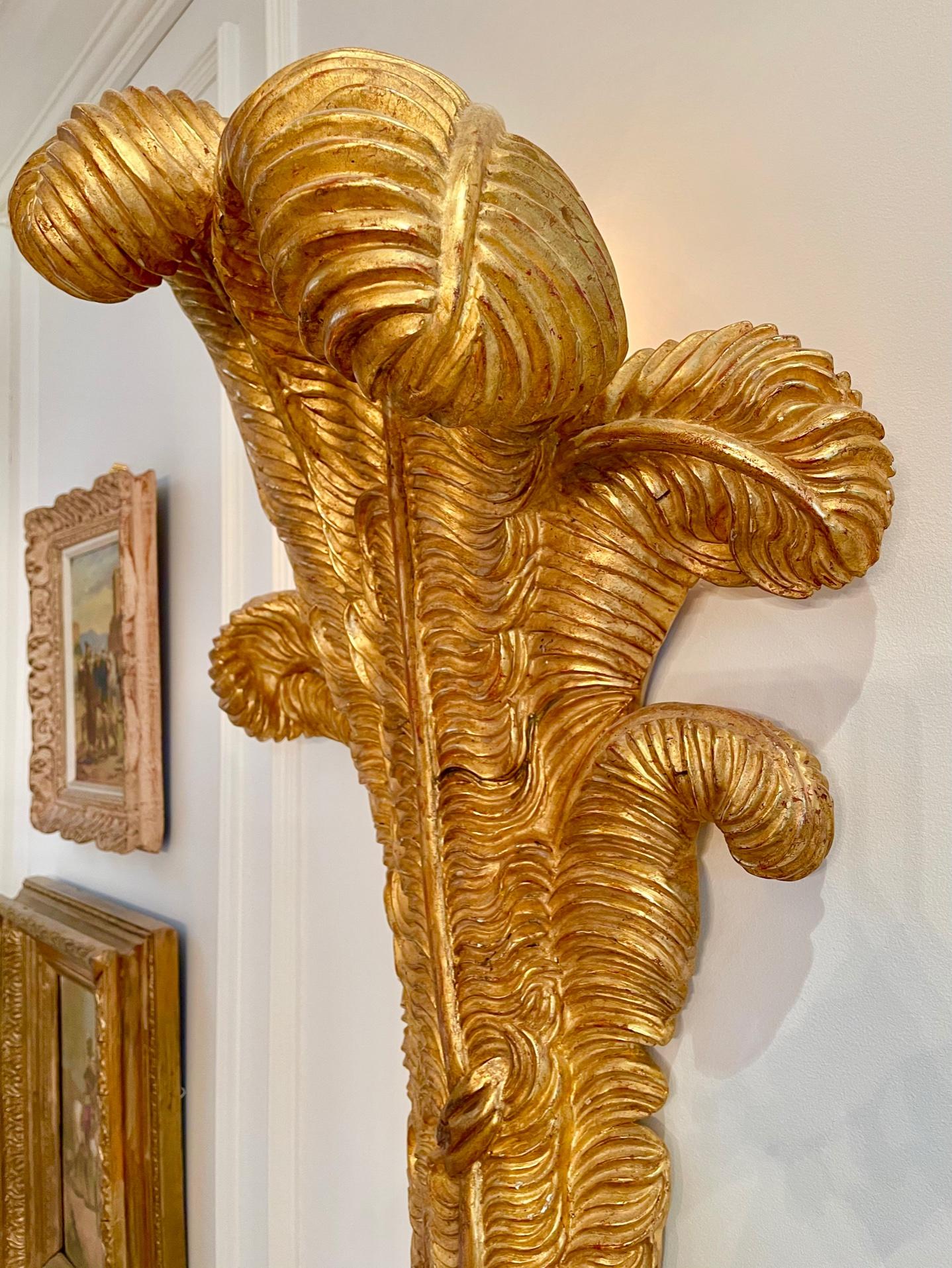 Very Large Pair of Maison Jansen Giltwood Feather Sconces For Sale 2