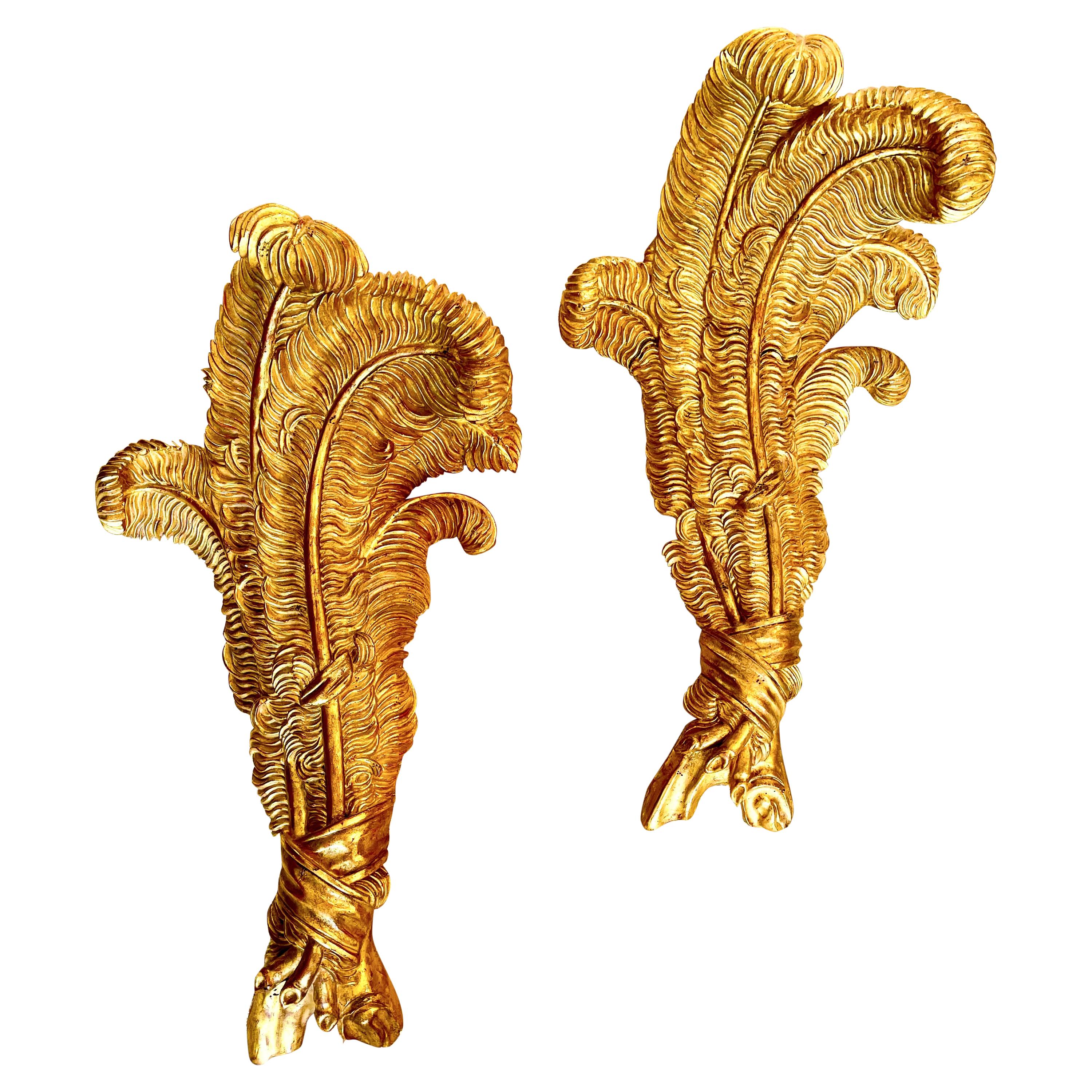 Very Large Pair of Maison Jansen Giltwood Feather Sconces