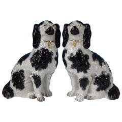Very Large Pair of Staffordshire Black and White Spaniels