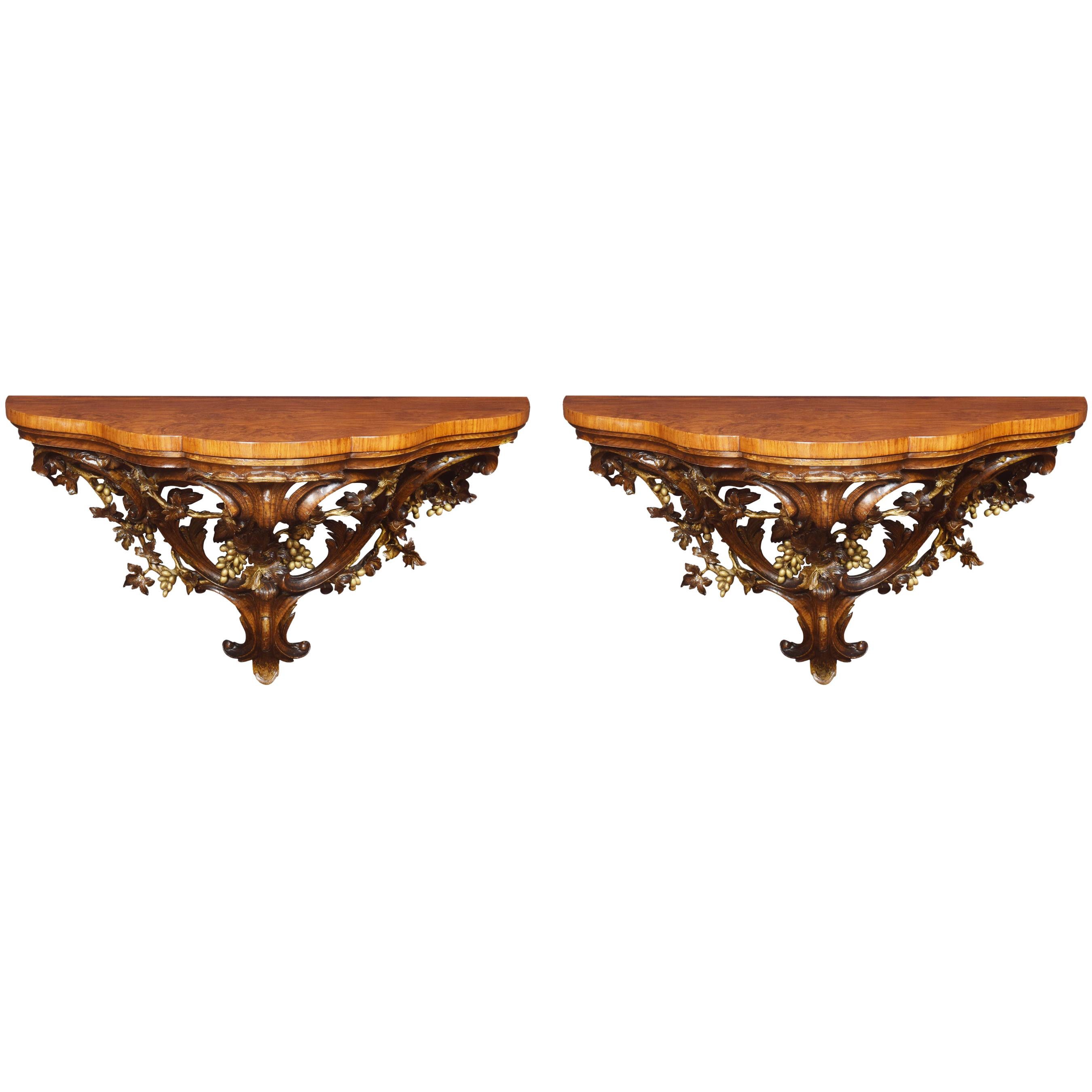 Very Large Pair of Walnut Wall Brackets For Sale