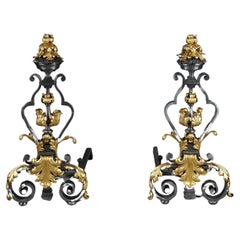 Antique Very large pair of wrought iran andirons