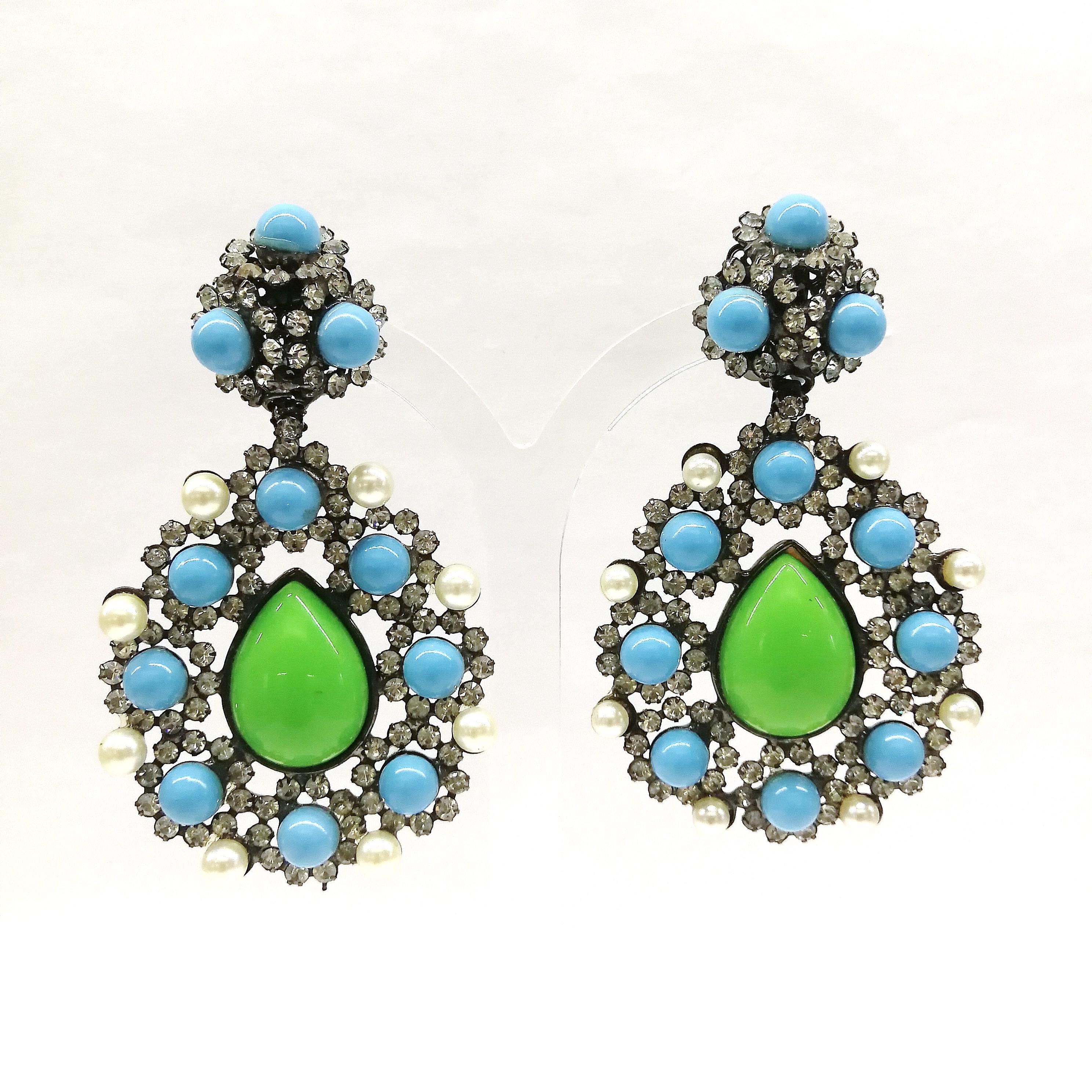 Very large paste, pearl, green and turquoise glass drop earrings, L. Vrba, 1980s 2
