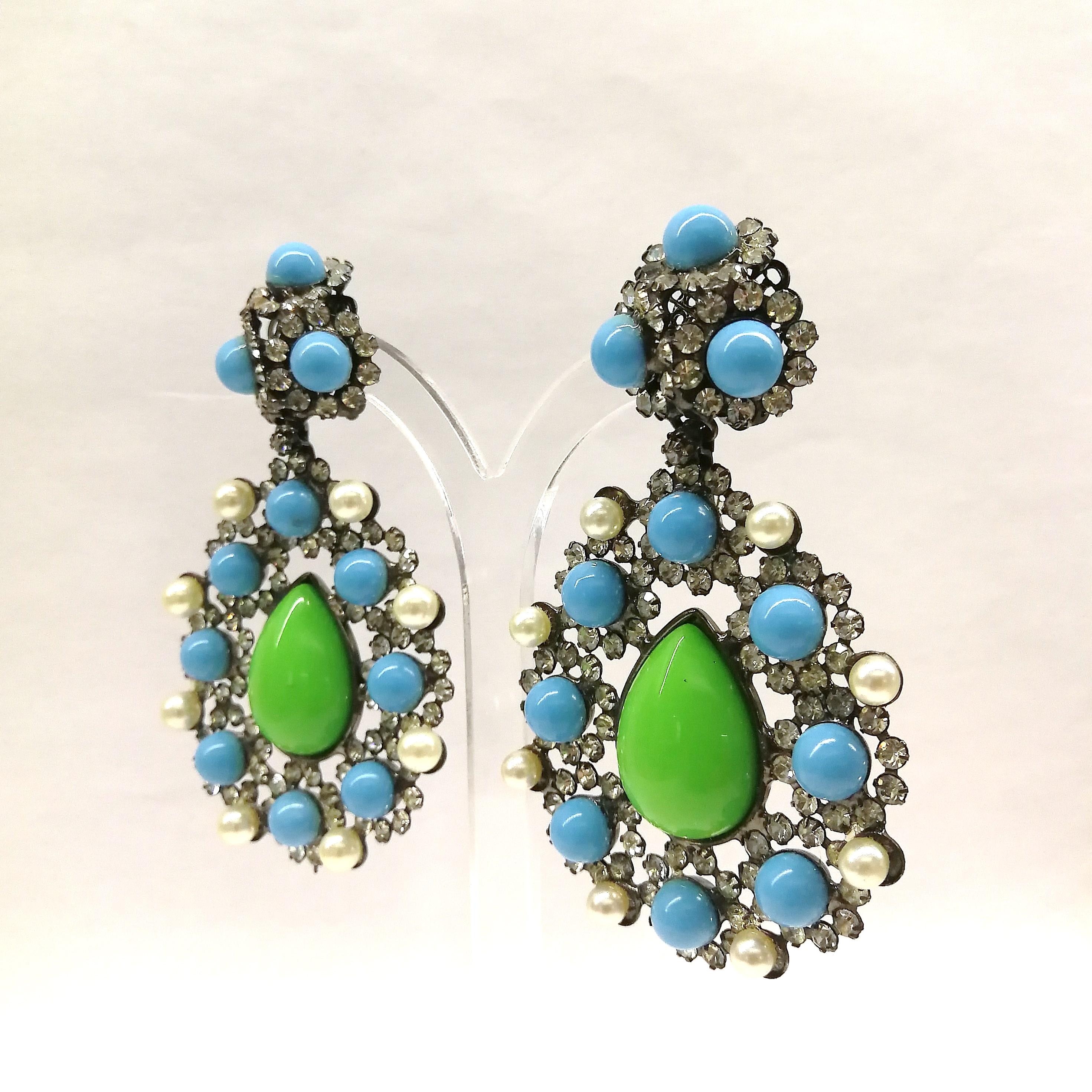 Very large paste, pearl, green and turquoise glass drop earrings, L. Vrba, 1980s 3