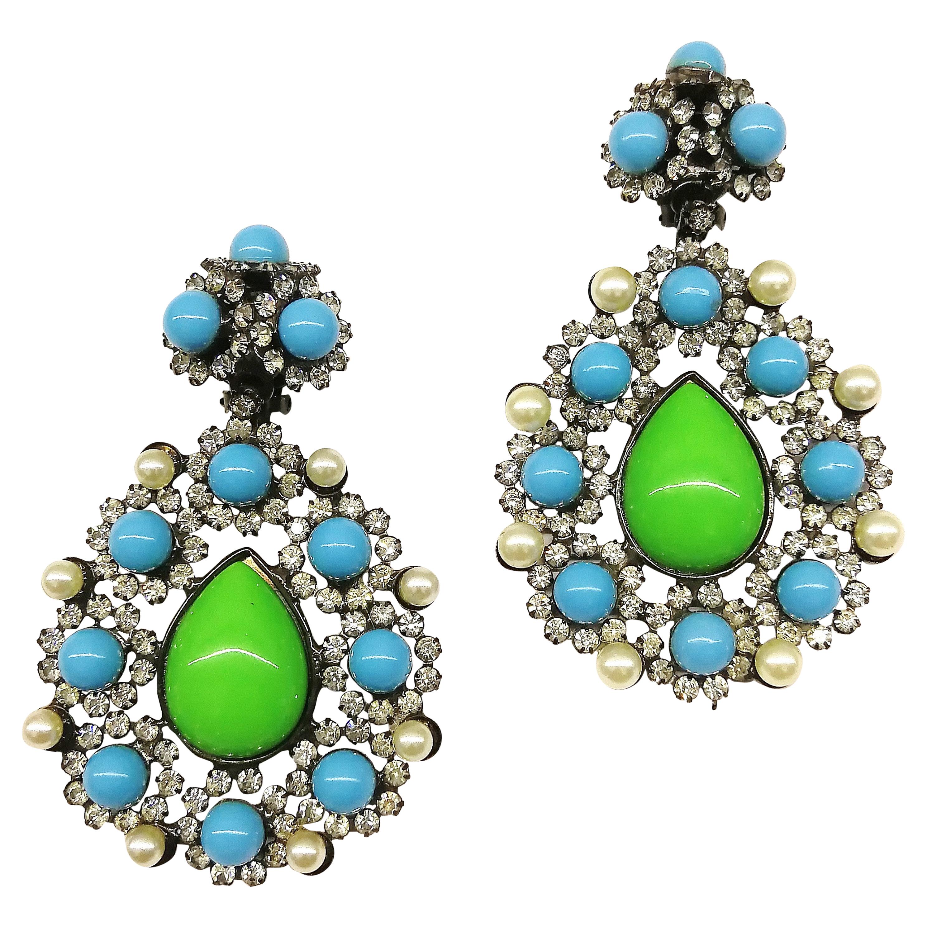 Very large paste, pearl, green and turquoise glass drop earrings, L. Vrba, 1980s