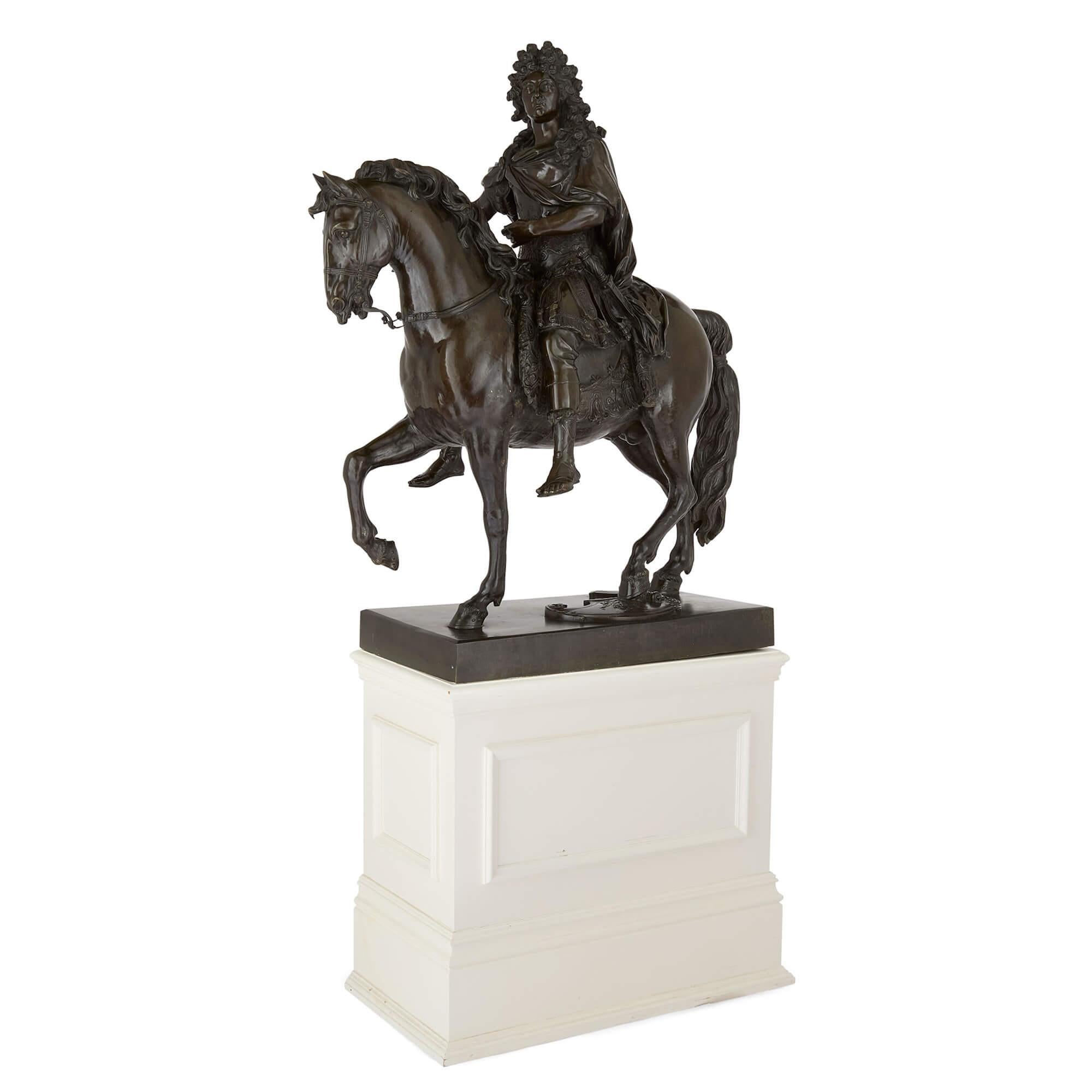 Very large patinated bronze sculpture of Louis XIV after Girardon
French, 19th Century 
Height 109cm, width 87cm, depth 53cm

This very large sculpture depicts the famous King Louis XIV atop a horse. It is after a sculpture by the French sculptor