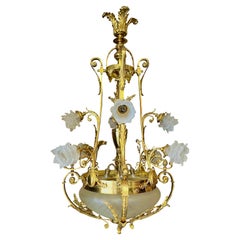 Antique Very Large Pendant Chandelier Solid Cast Brass with 8-Arms, Early 20th Century