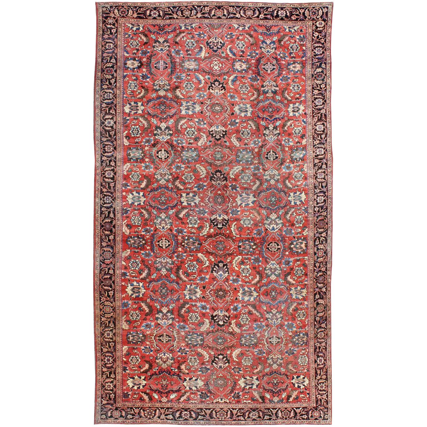 Very Large Persian Sultanabad Mahal Rug in Red, Brown, Green, Cream & Blue 