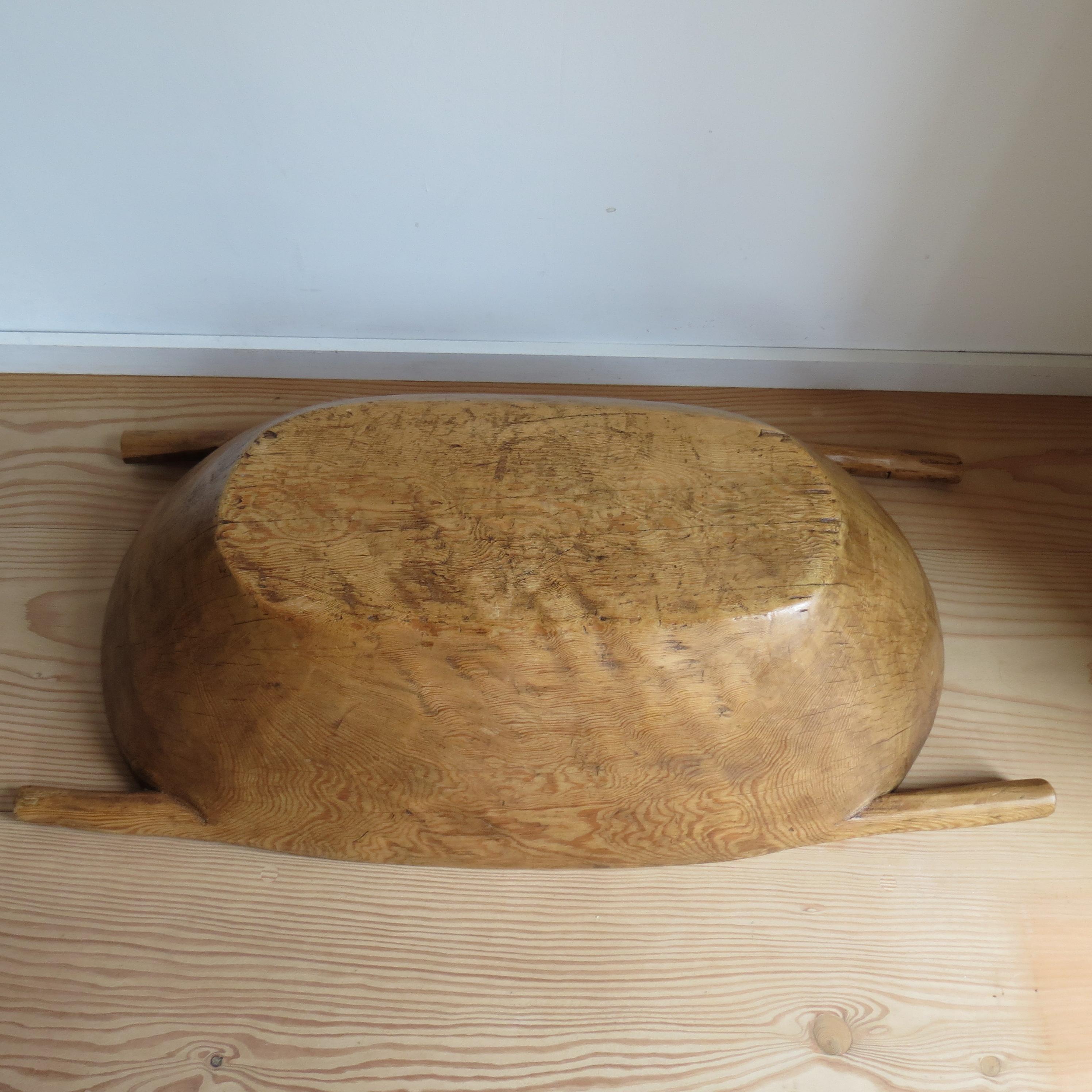 Very Large Pine Trug Wooden Rustic Bowl with Handles Wabi Sabi Style For Sale 8