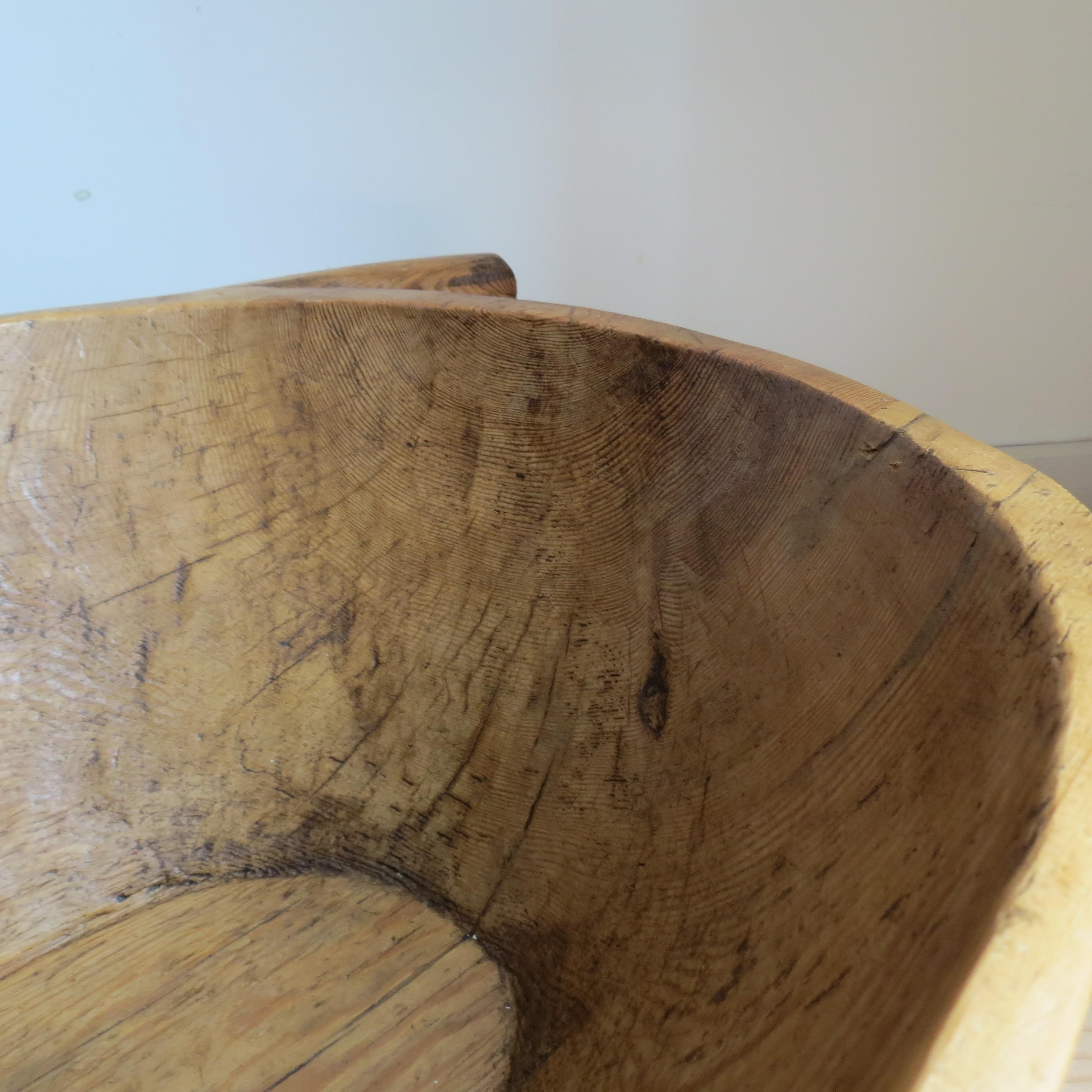 Hand-Carved Very Large Pine Trug Wooden Rustic Bowl with Handles Wabi Sabi Style For Sale