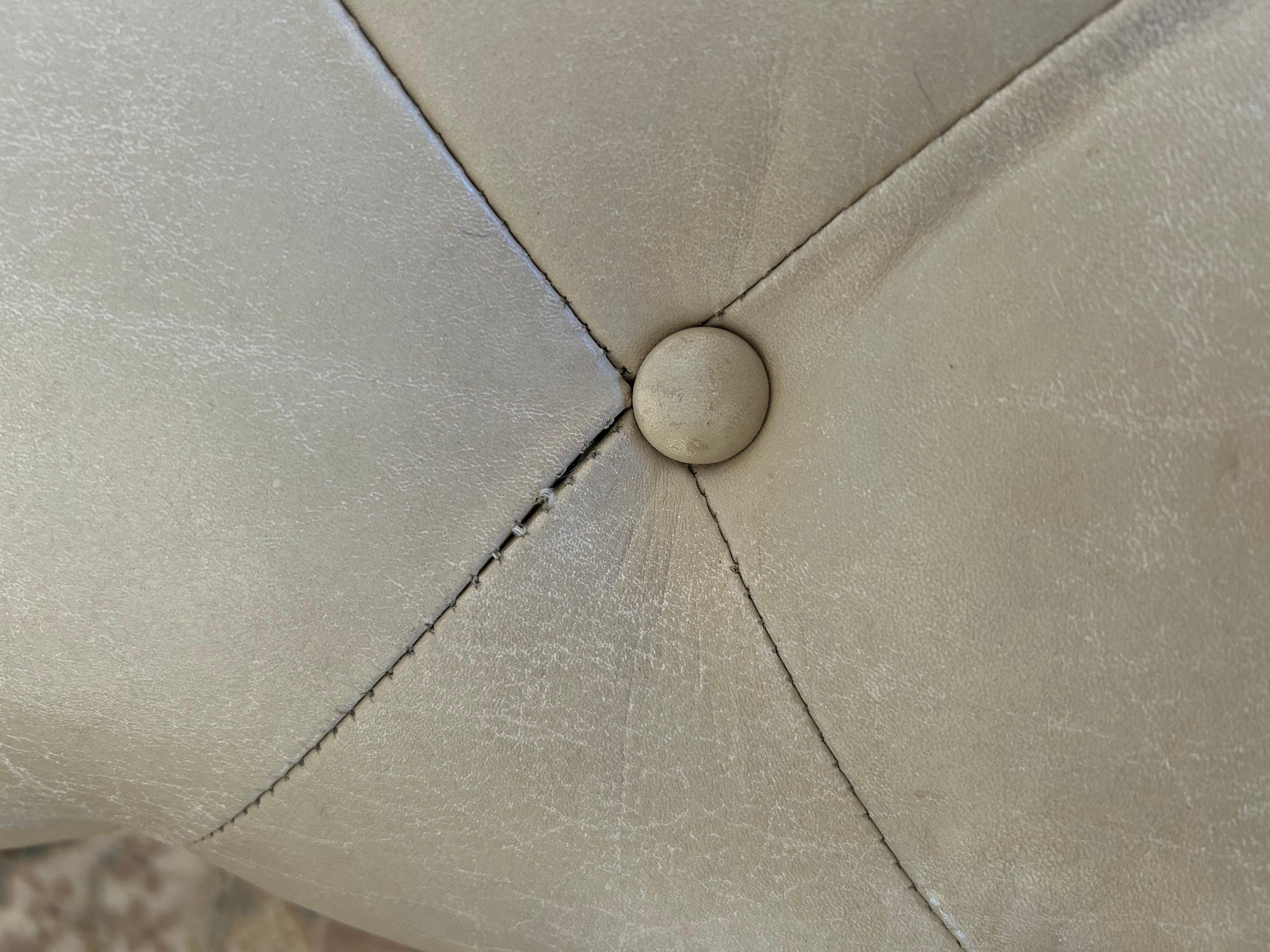 Very Large Plush Beige Tufted Leather Square Ottoman with Chrome Base For Sale 4