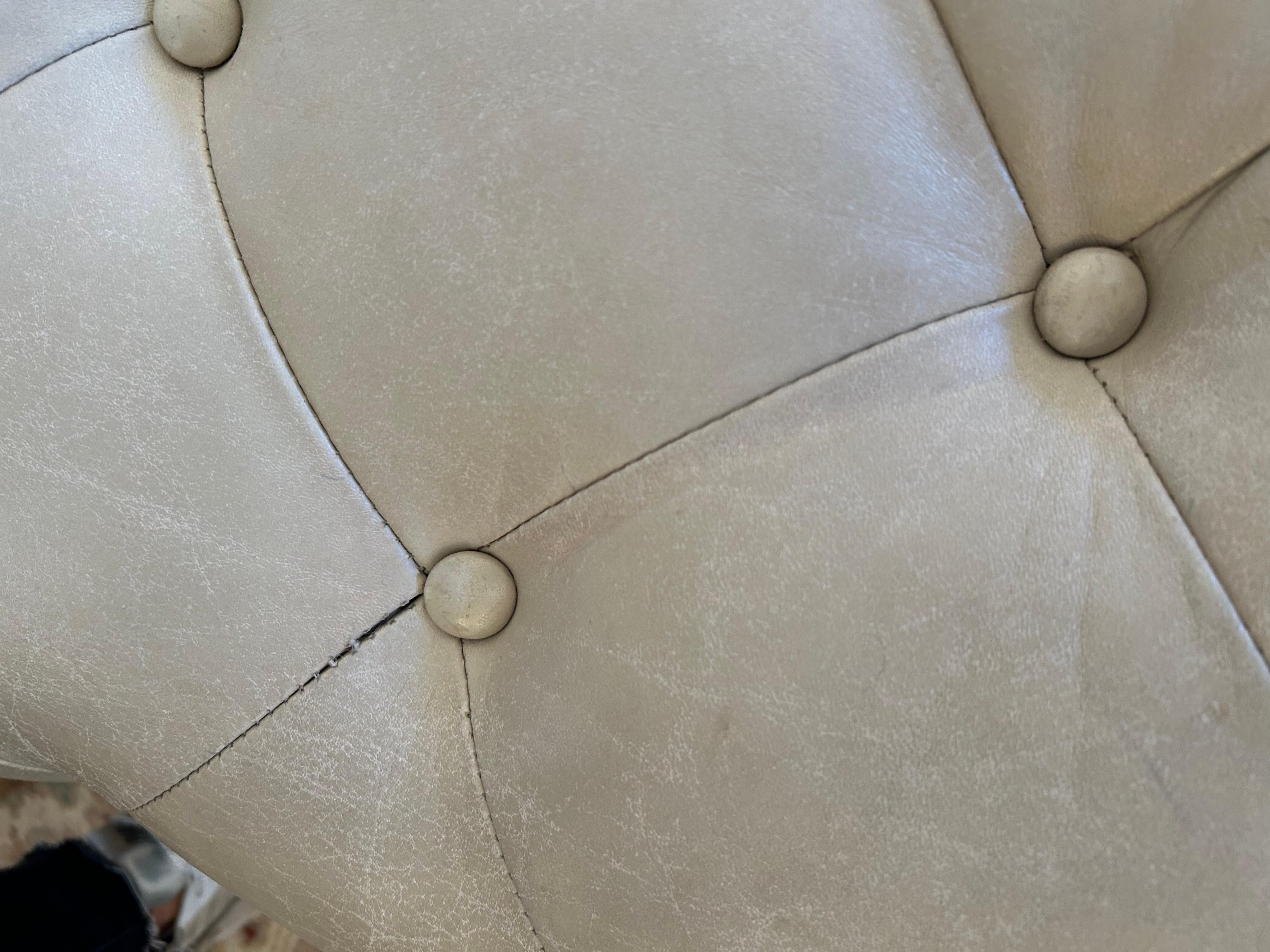 Very Large Plush Beige Tufted Leather Square Ottoman with Chrome Base For Sale 5