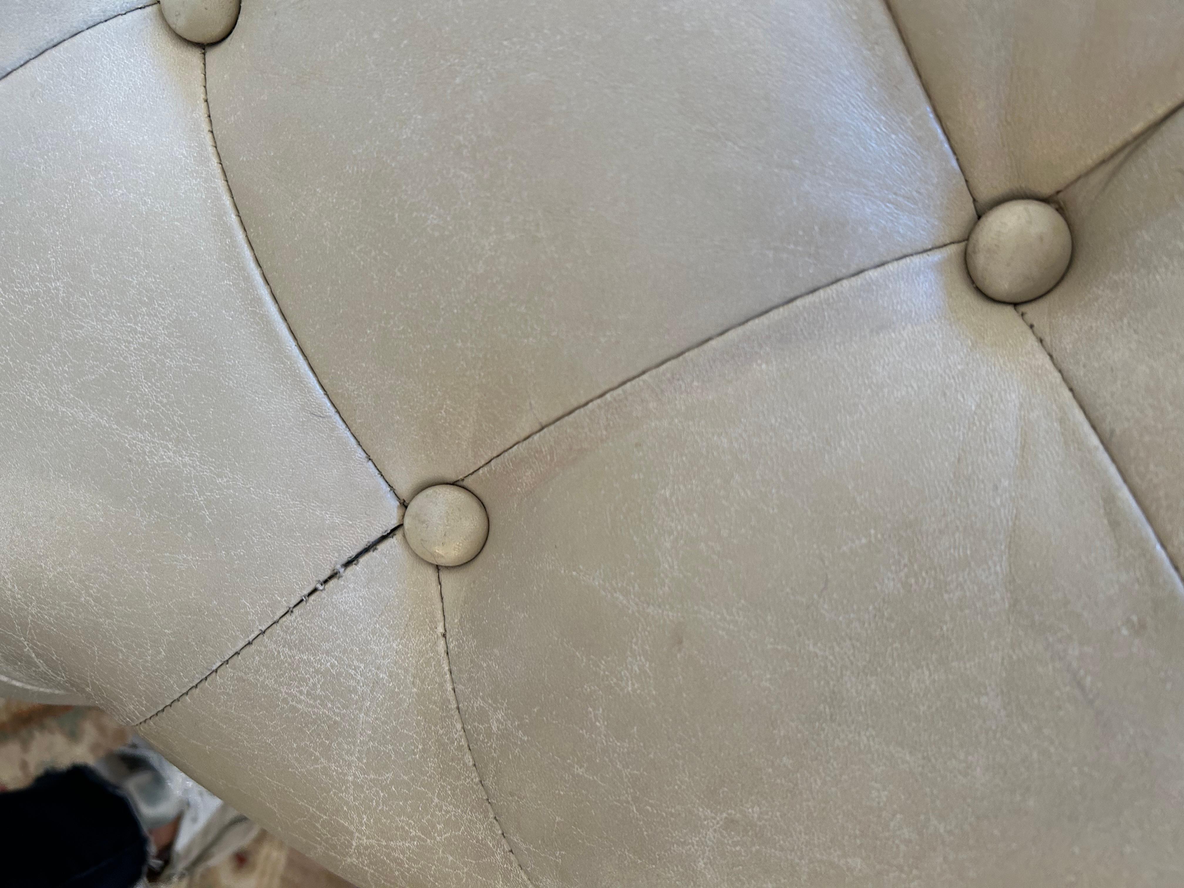 Very Large Plush Beige Tufted Leather Square Ottoman with Chrome Base For Sale 6