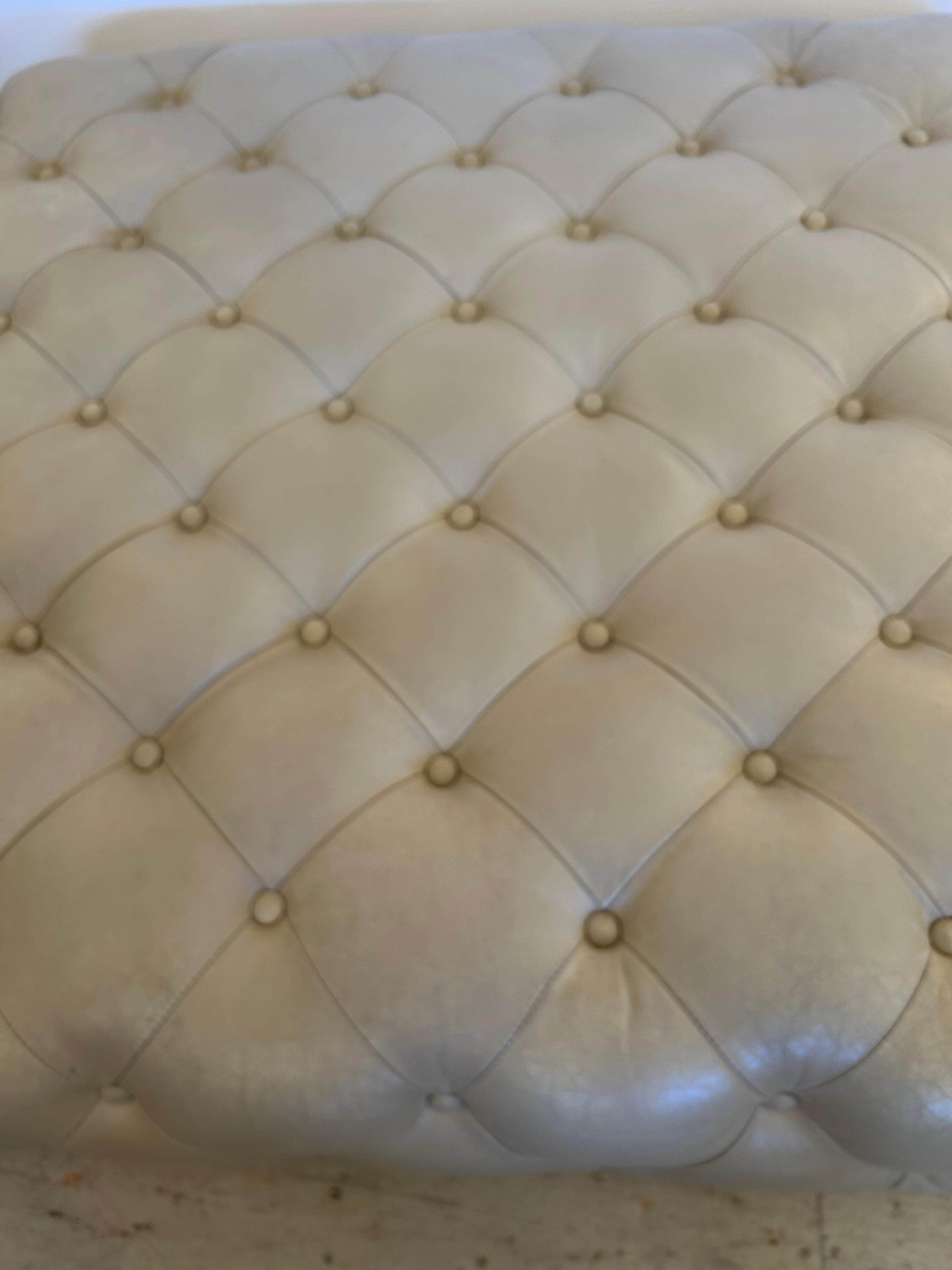 Very Large Plush Beige Tufted Leather Square Ottoman with Chrome Base For Sale 7