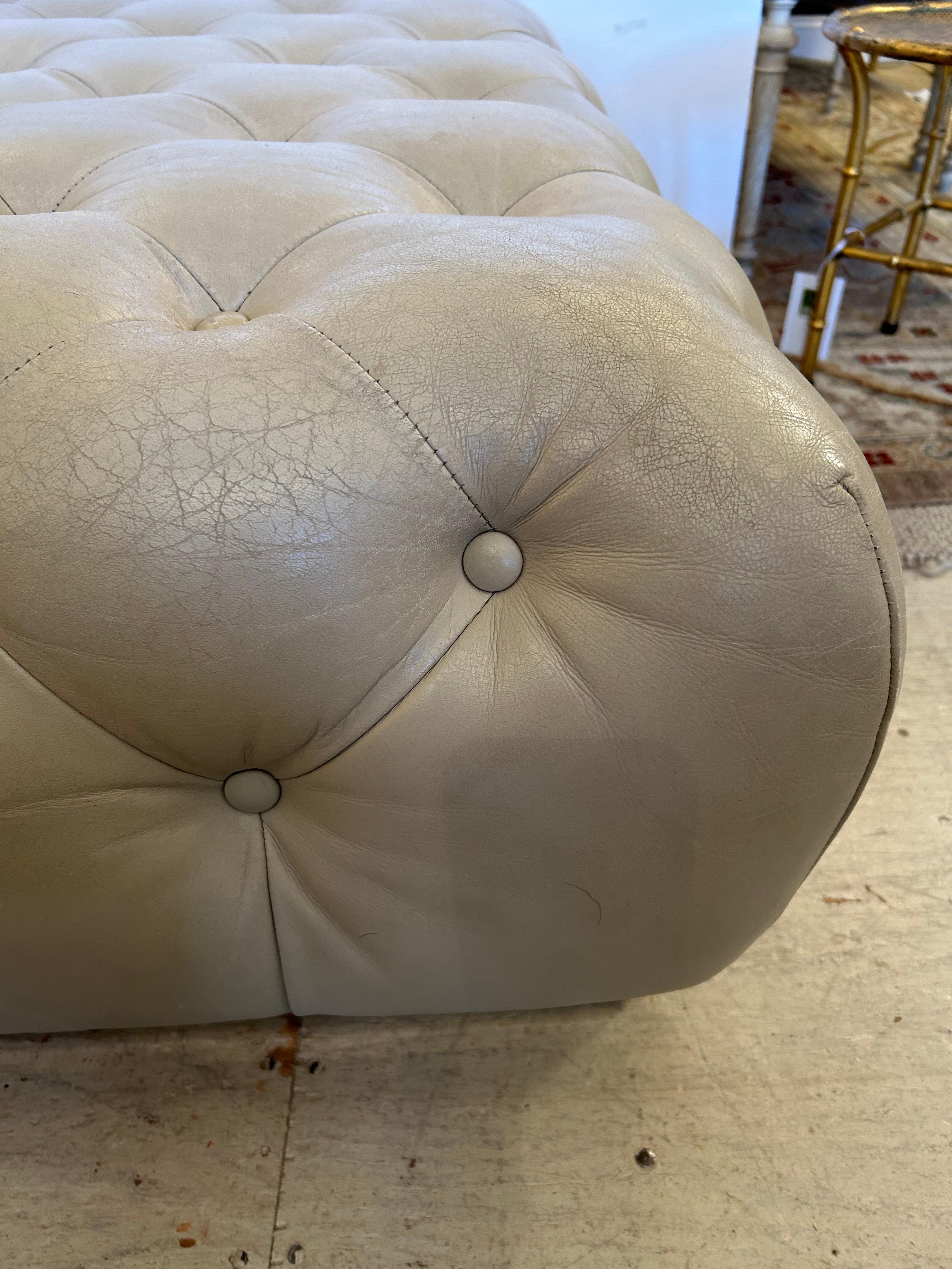 Very Large Plush Beige Tufted Leather Square Ottoman with Chrome Base For Sale 8