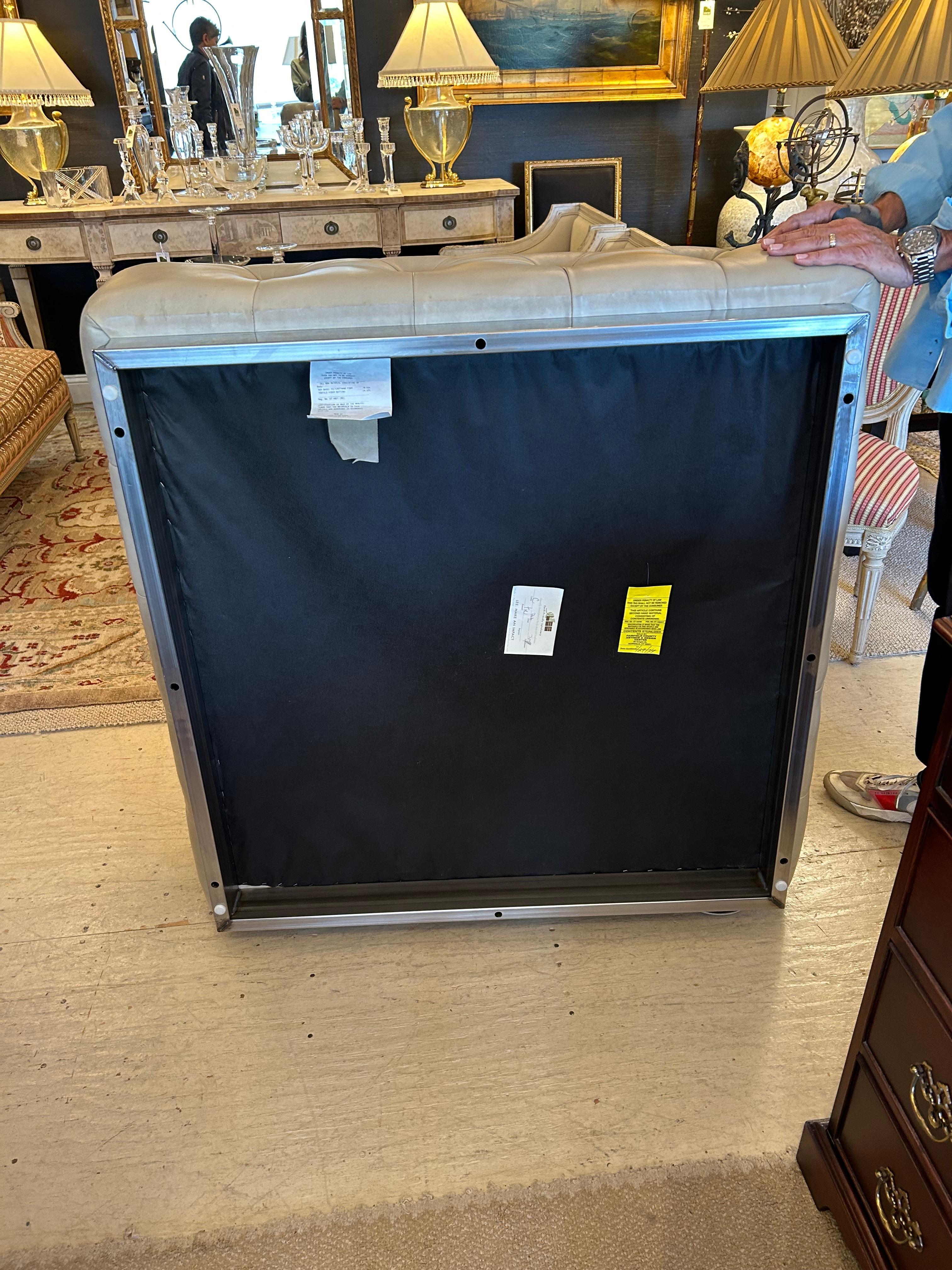 Very Large Plush Beige Tufted Leather Square Ottoman with Chrome Base For Sale 9