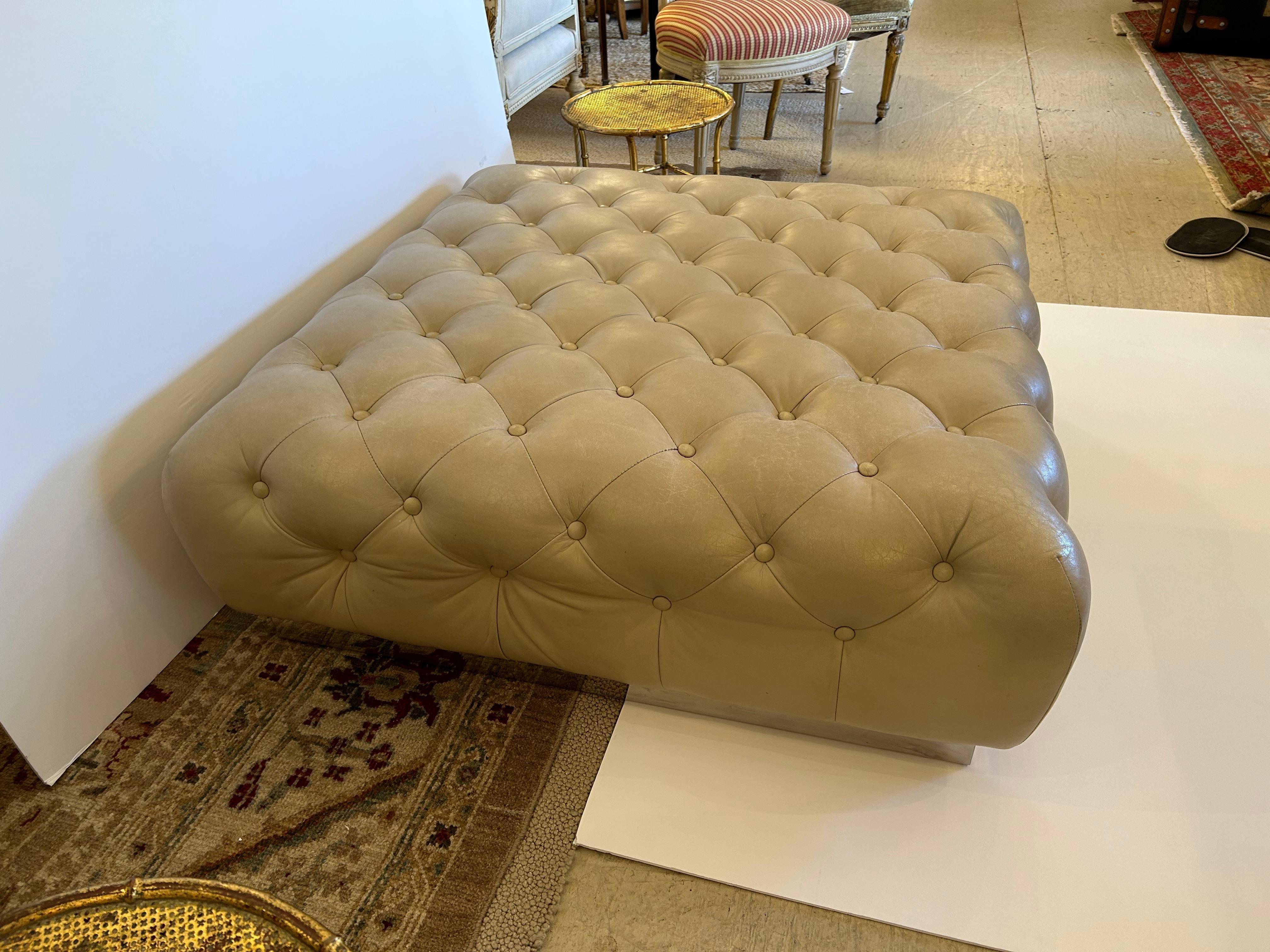 Chesterfield Very Large Plush Beige Tufted Leather Square Ottoman with Chrome Base For Sale