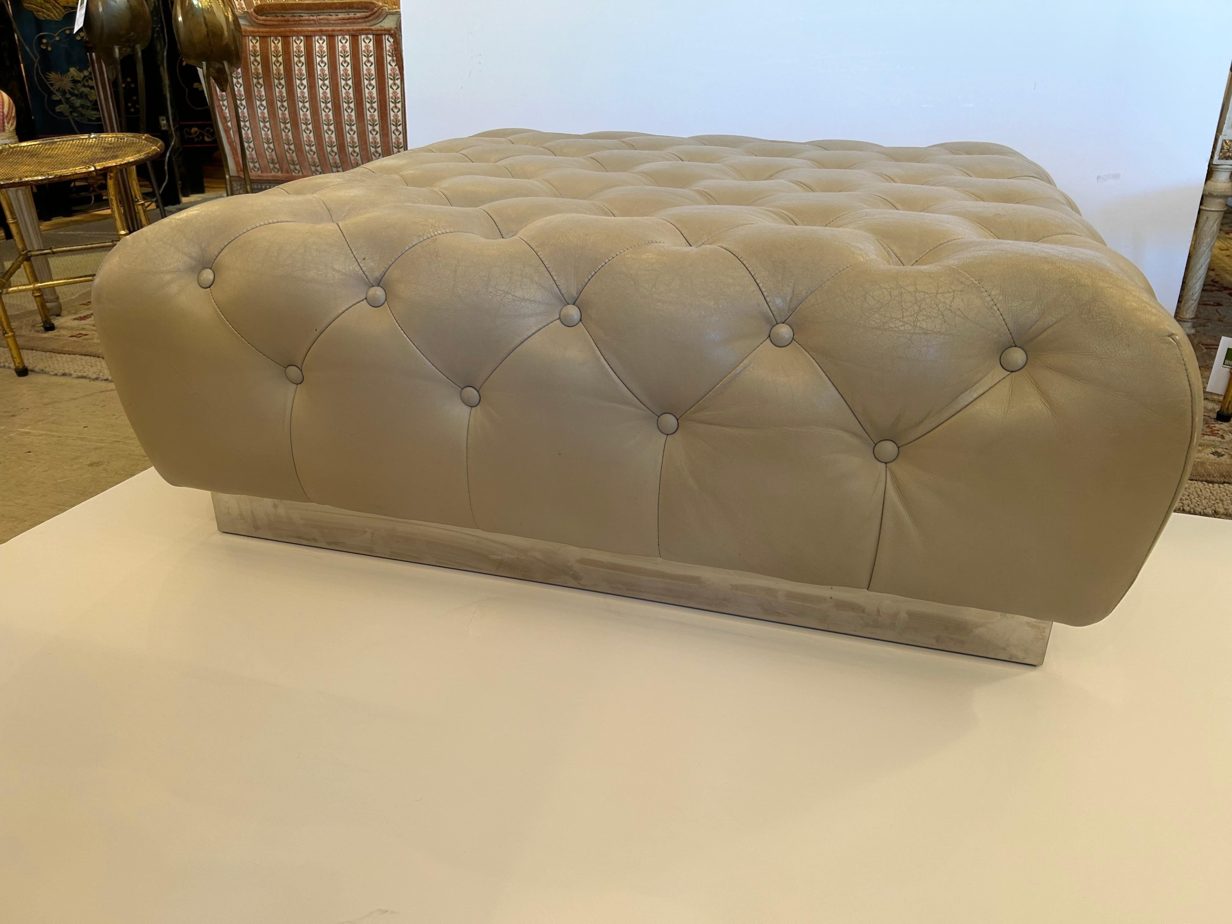 Very Large Plush Beige Tufted Leather Square Ottoman with Chrome Base For Sale 1