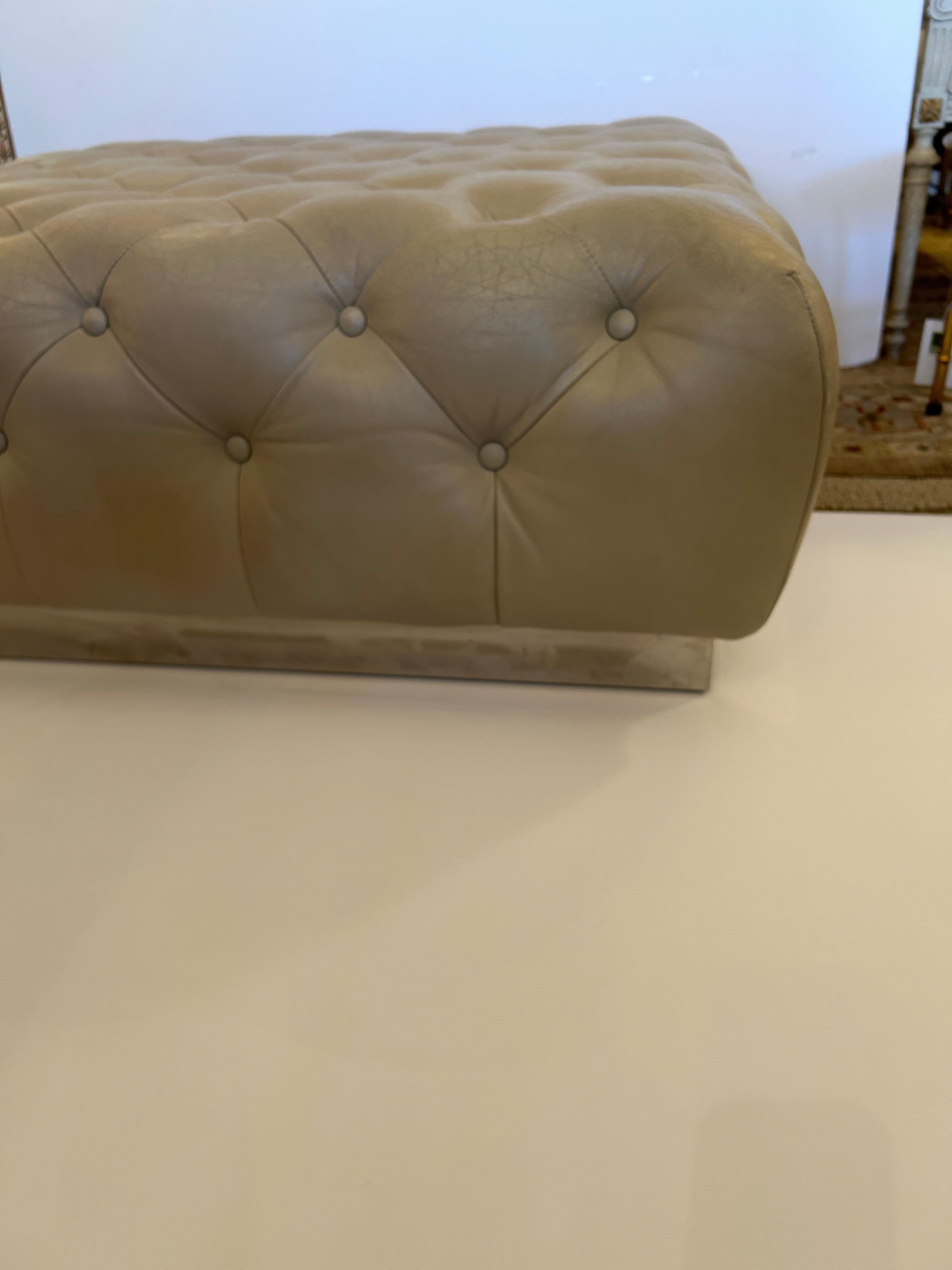 Very Large Plush Beige Tufted Leather Square Ottoman with Chrome Base For Sale 2