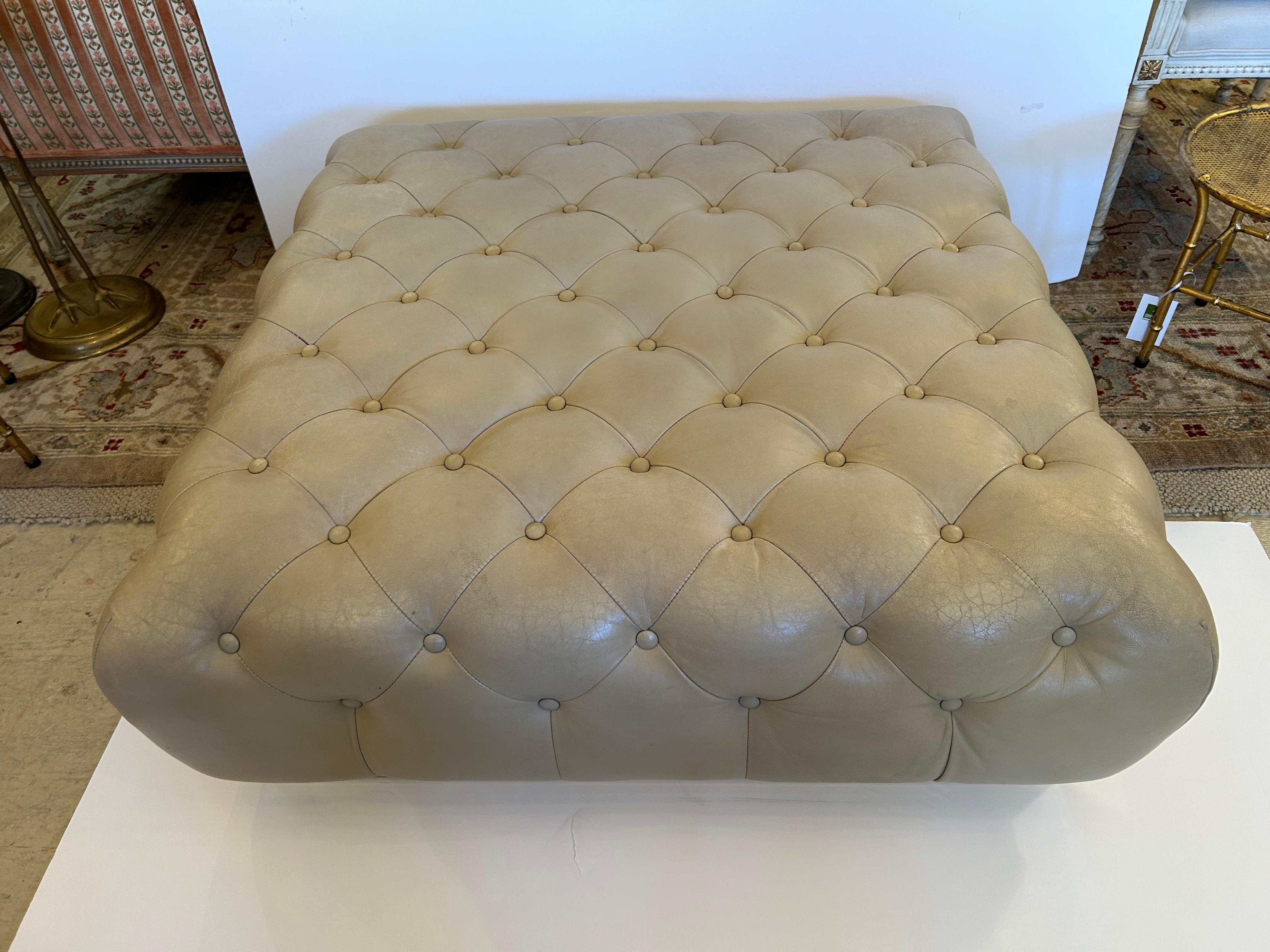Very Large Plush Beige Tufted Leather Square Ottoman with Chrome Base For Sale 3