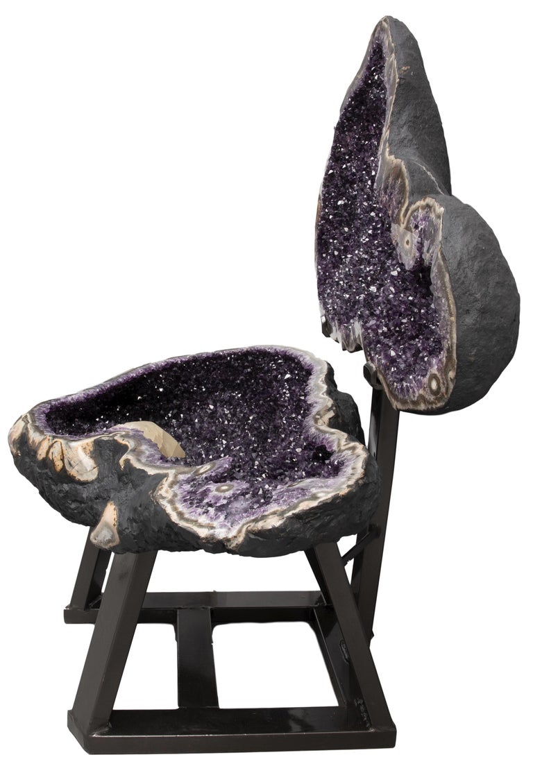 Very Large Polished Amethyst “Open Geode” with Calcite Formation and Agate In Good Condition For Sale In London, GB