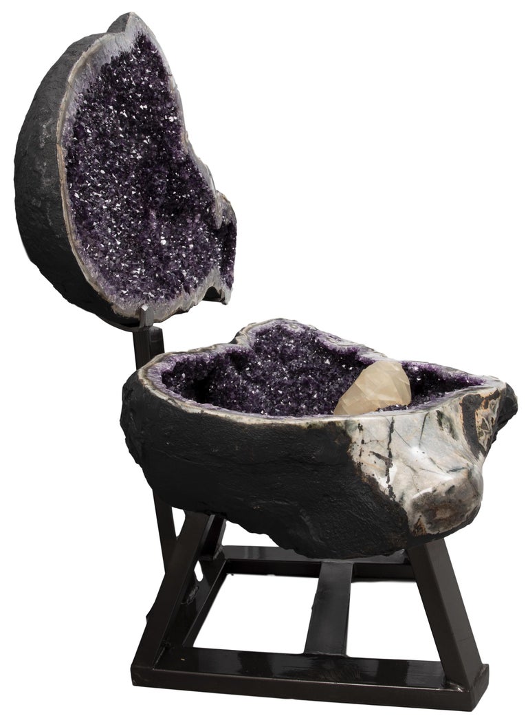18th Century and Earlier Very Large Polished Amethyst “Open Geode” with Calcite Formation and Agate For Sale