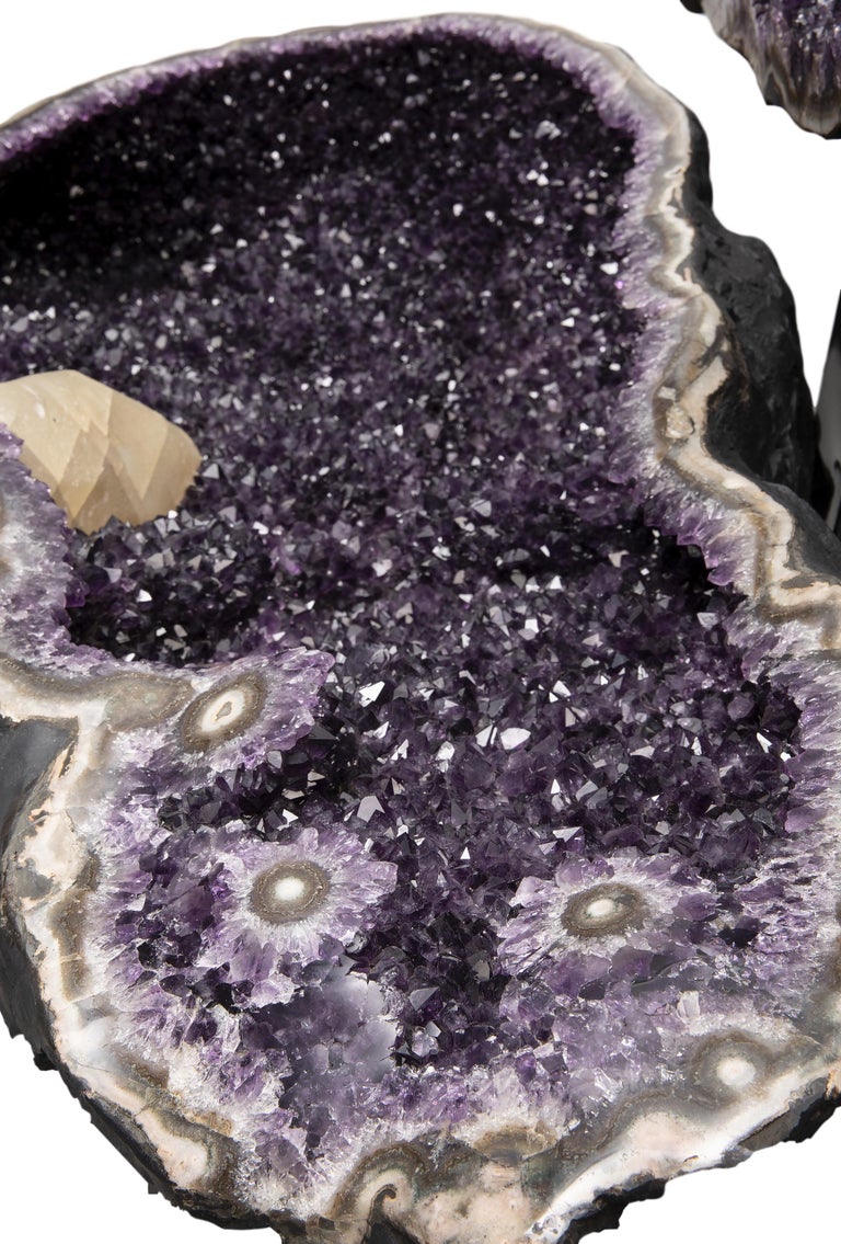 Very Large Polished Amethyst “Open Geode” with Calcite Formation and Agate For Sale 3