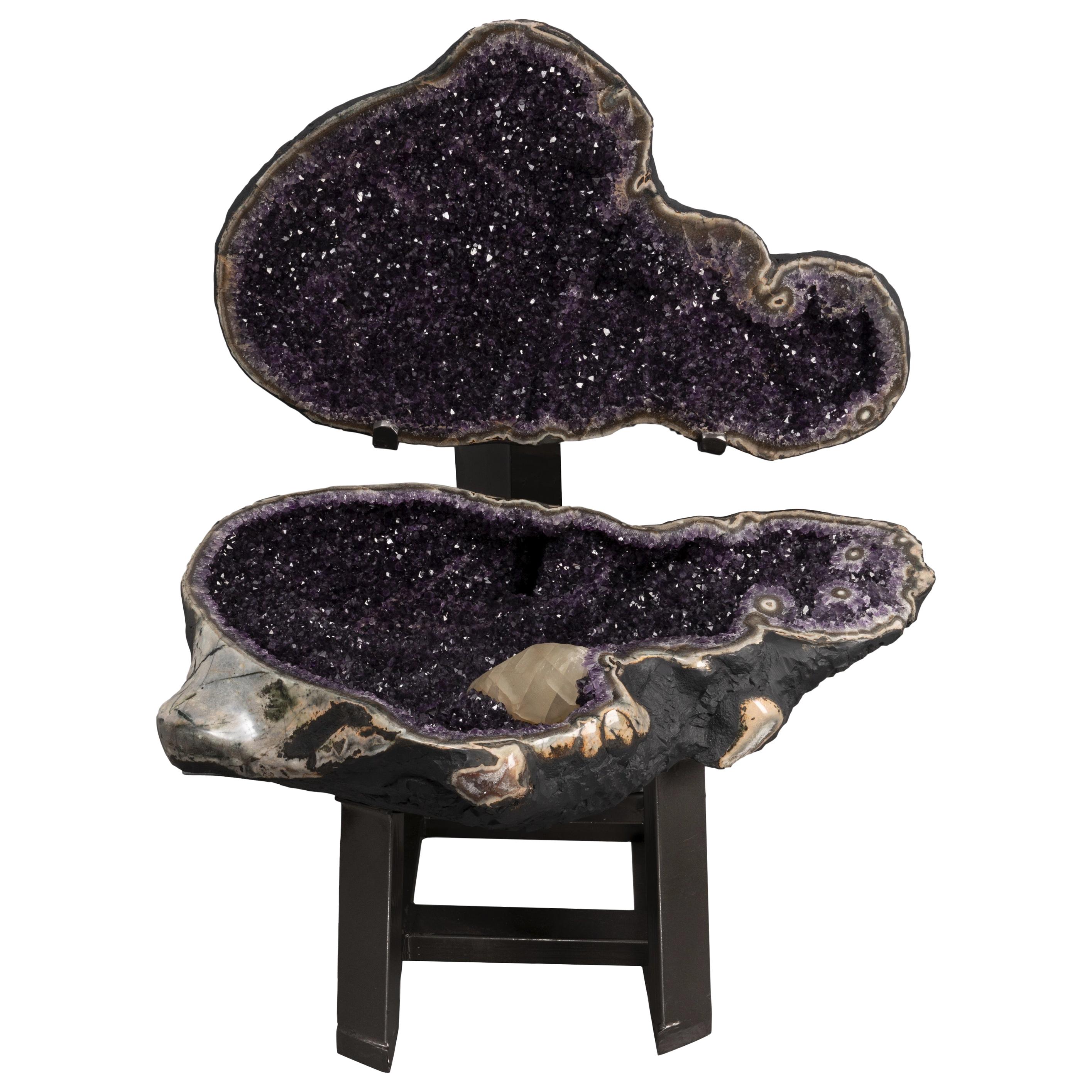 Very Large Polished Amethyst “Open Geode” with Calcite Formation and Agate