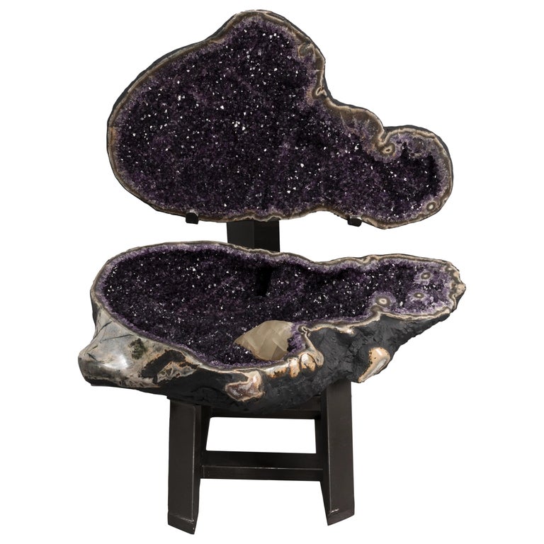 Very Large Polished Amethyst “Open Geode” with Calcite Formation and Agate For Sale