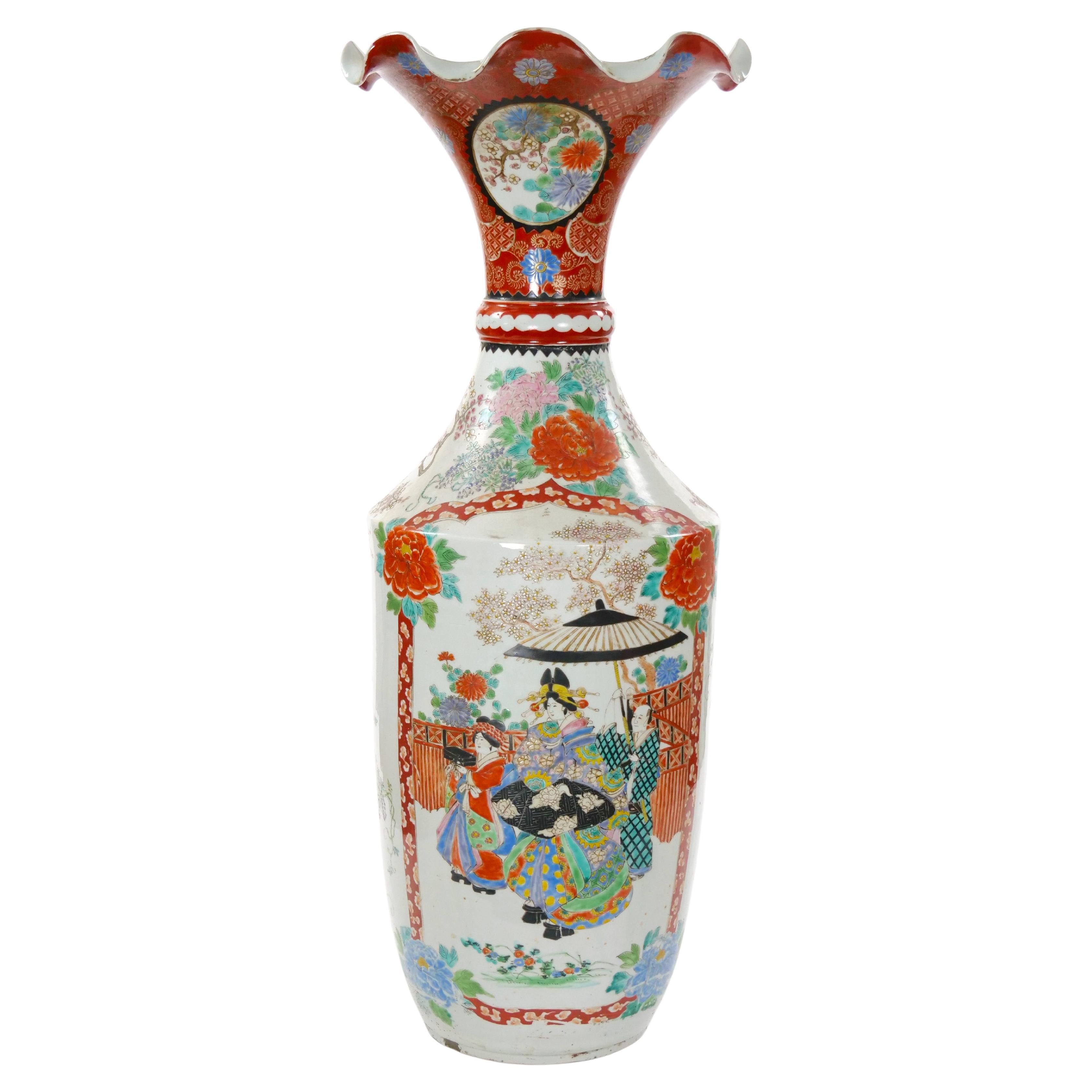 Vaso da terra giapponese in porcellana molto grande / forma di tromba smerlata
