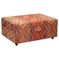 Antique Very Large Rare Victorian Silk Lined Kilim Upholstered Ottoman Truck Stool Bench