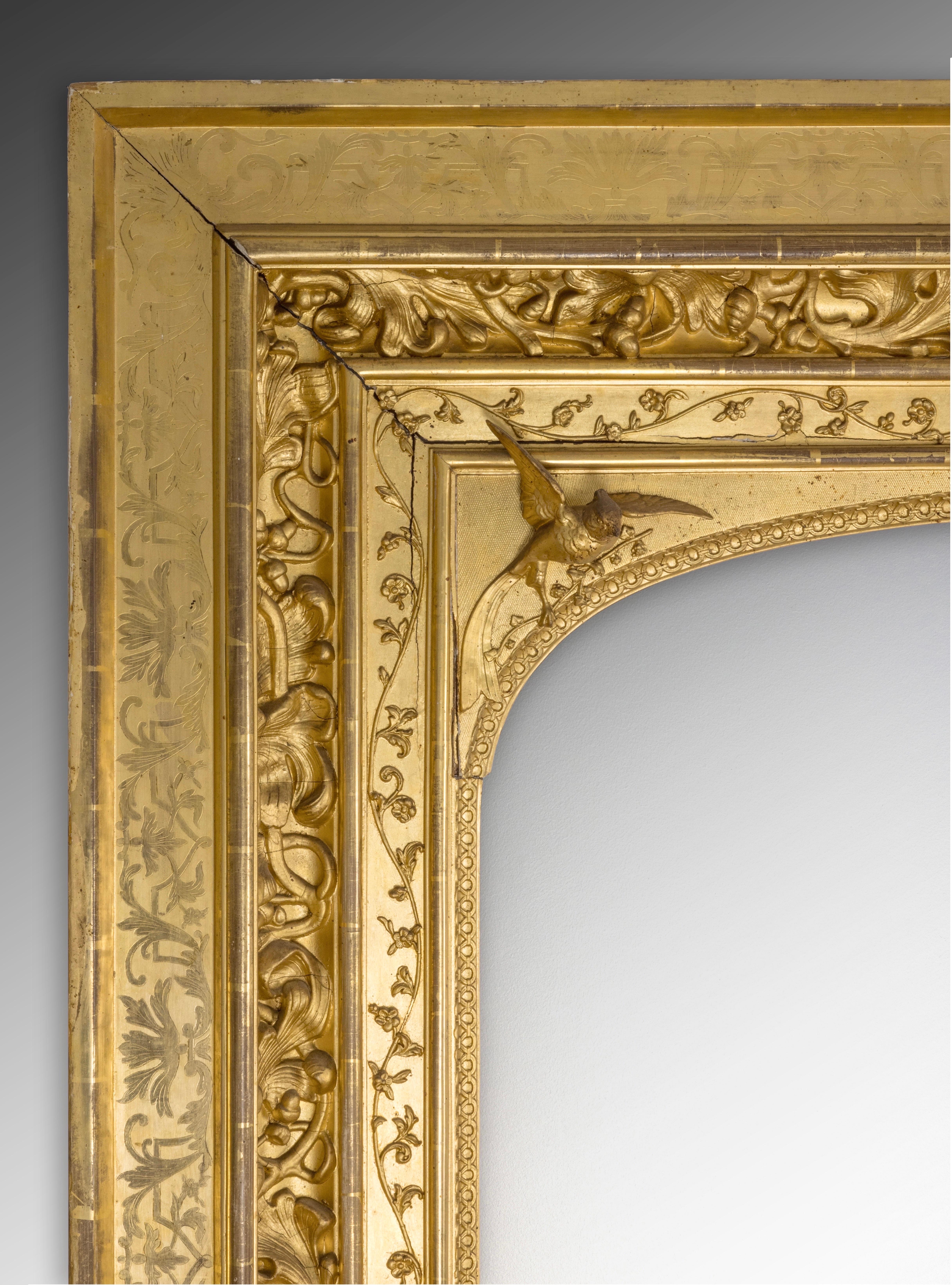 Very large Renaissance revival frame, wood and stucco gilded, second quarter of the 19th century, circa 1835, French « Troubadour » style.

Two etiquettes at back indicate that he framed a painting by Jan van Dael from 1810, sold at Christie’s Paris