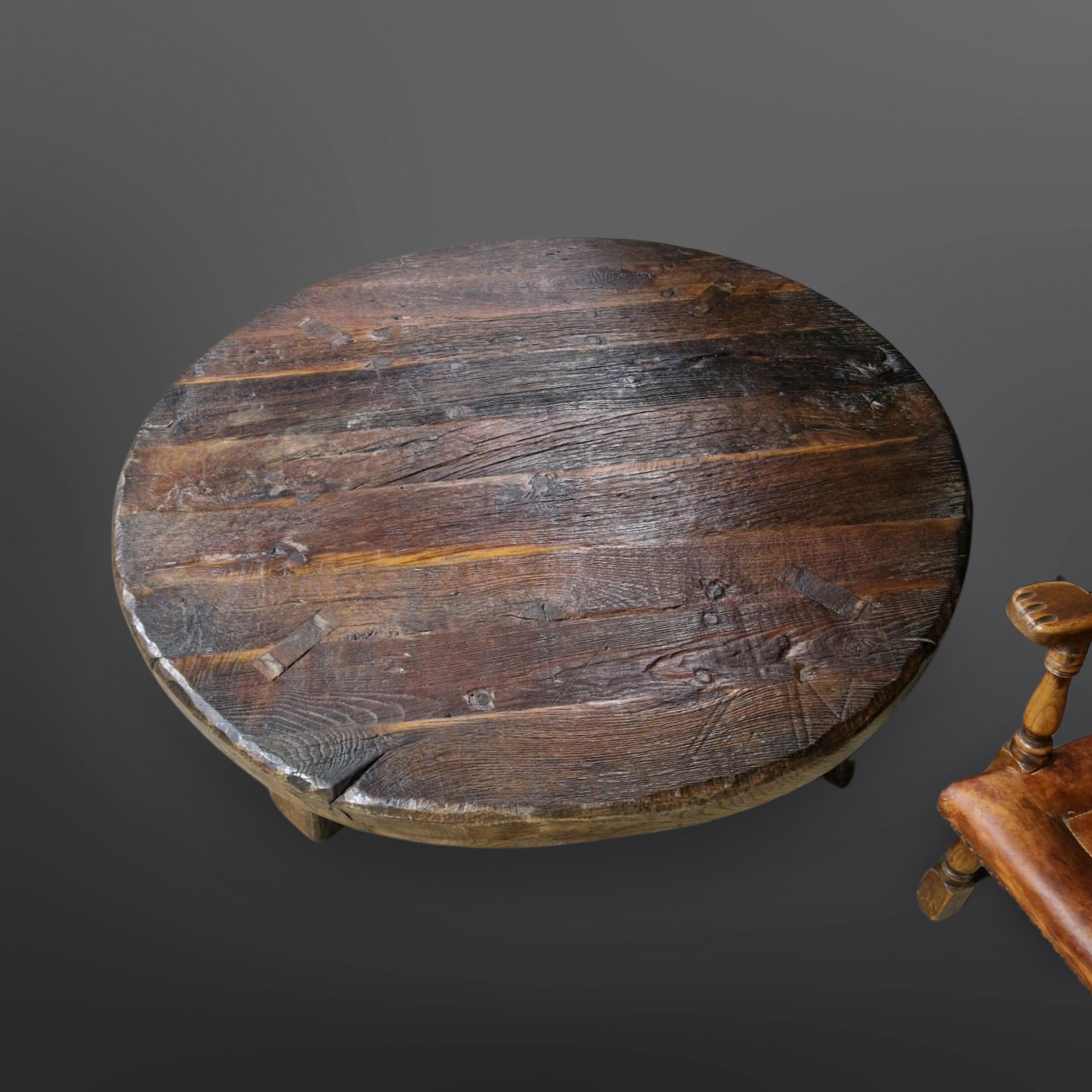 Oak Very large round wabi sabi solid oak coffee table, 1950s For Sale