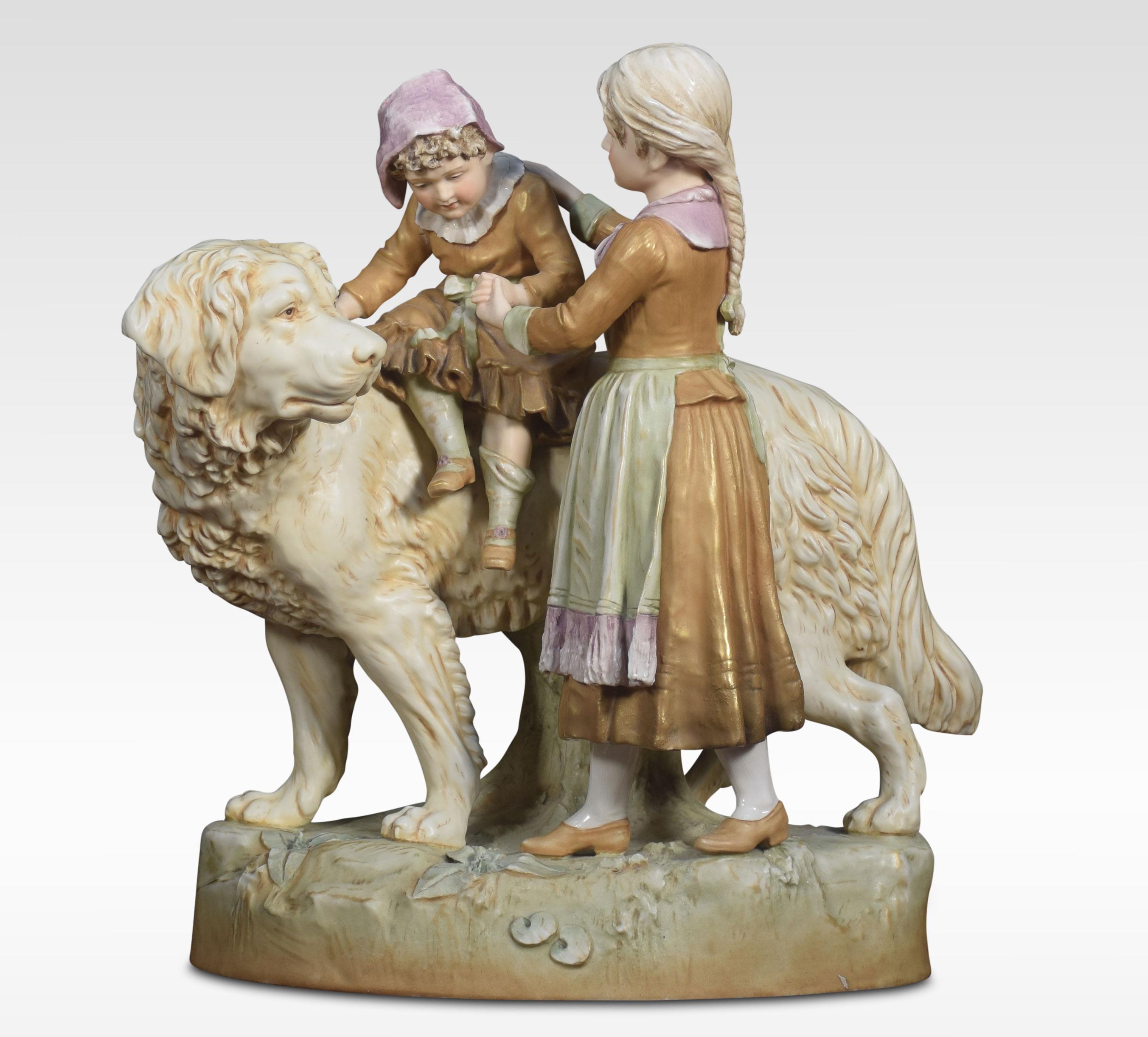 Very large Royal Dux porcelain figure group, of a dog, mother, and child realistically modelled and coloured in ivory and soft shades of green and pink on an oval earthy ground. Impressed and printed marks and numbers underside together with the